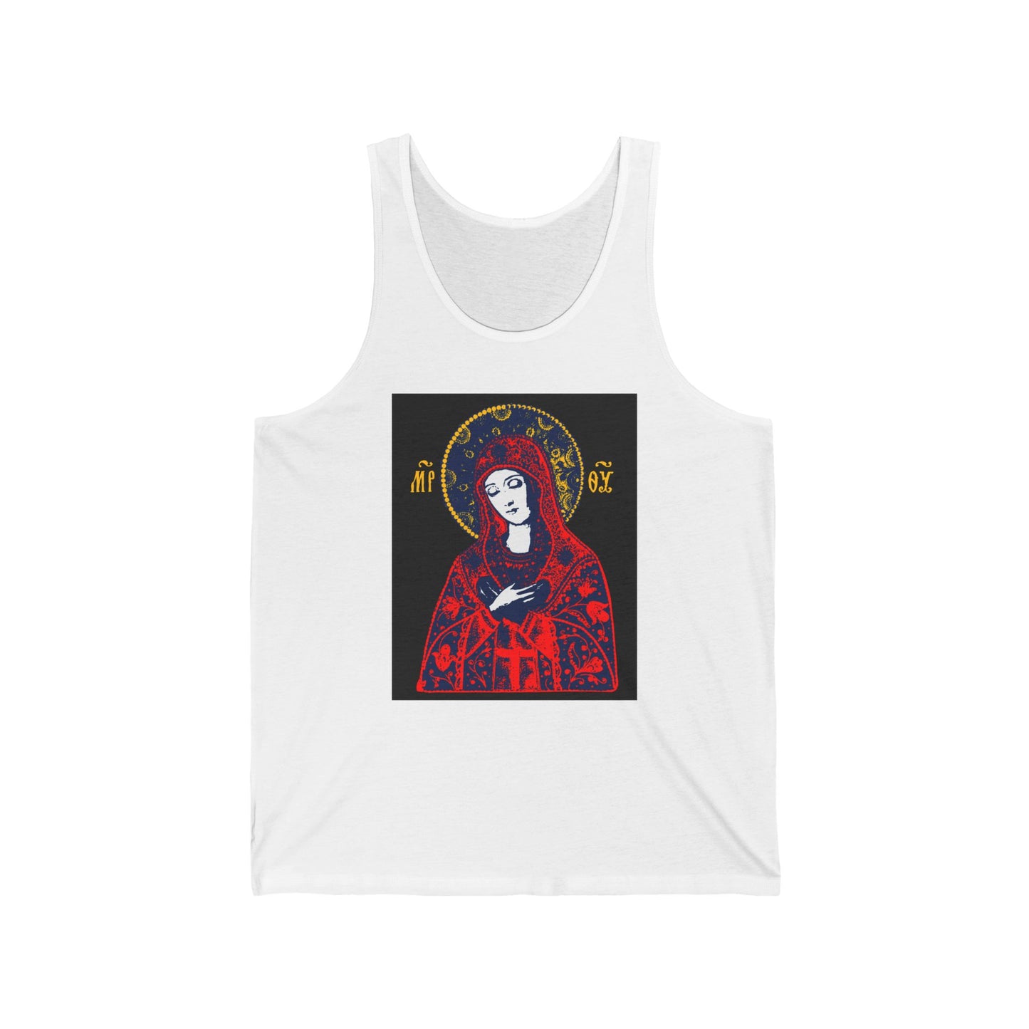 Joy of All Joys Tenderness Theotokos Iconographic Based on Traditional Orthodox Iconography | Red Design | Orthodox Christian Jersey Tank Top