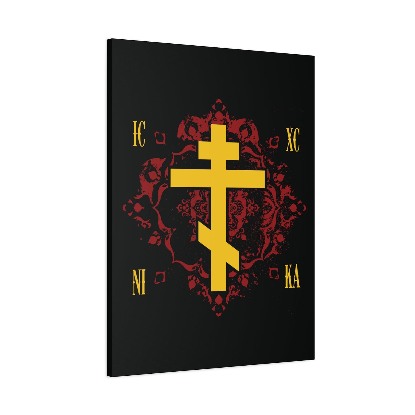 The "ICXC NIKA Yellow Russian Cross on Ornate Red Background" canvas art features a yellow Orthodox cross with Cyrillic letters, symbolizing Christ’s victory, set against a black canvas for Orthodox Christians.