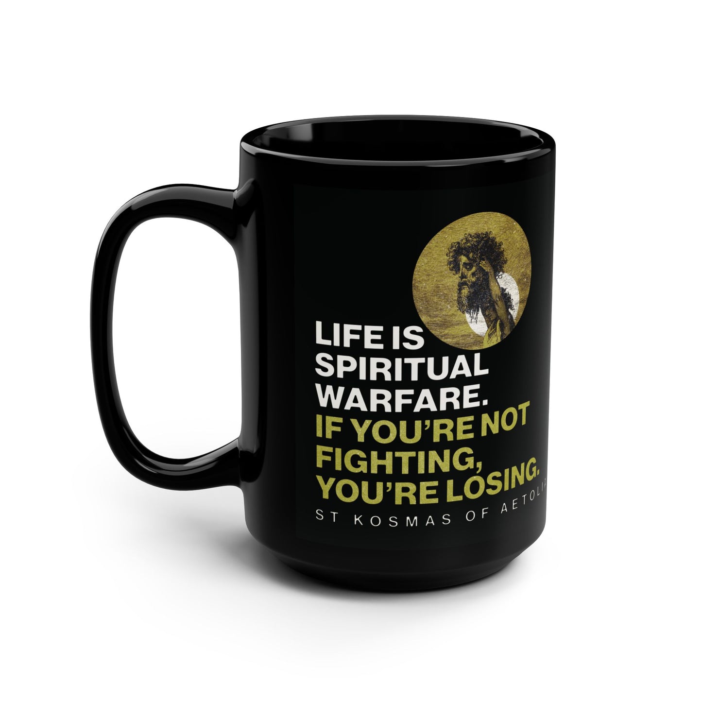 Life is Spiritual Warfare | St Kosmas of Aetolia | Gustave Dore | David & Goliath | Unseen Warfare | Orthodox Christian Black Mug