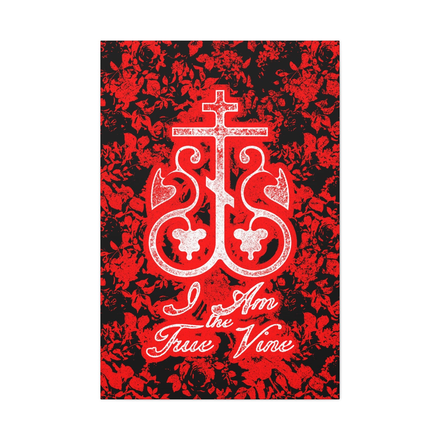 I Am the True Vine (John 15:1) | Orthodox Cross Vine Monogram | Red and Black Floral Design | Orthodox Christian Canvas Art