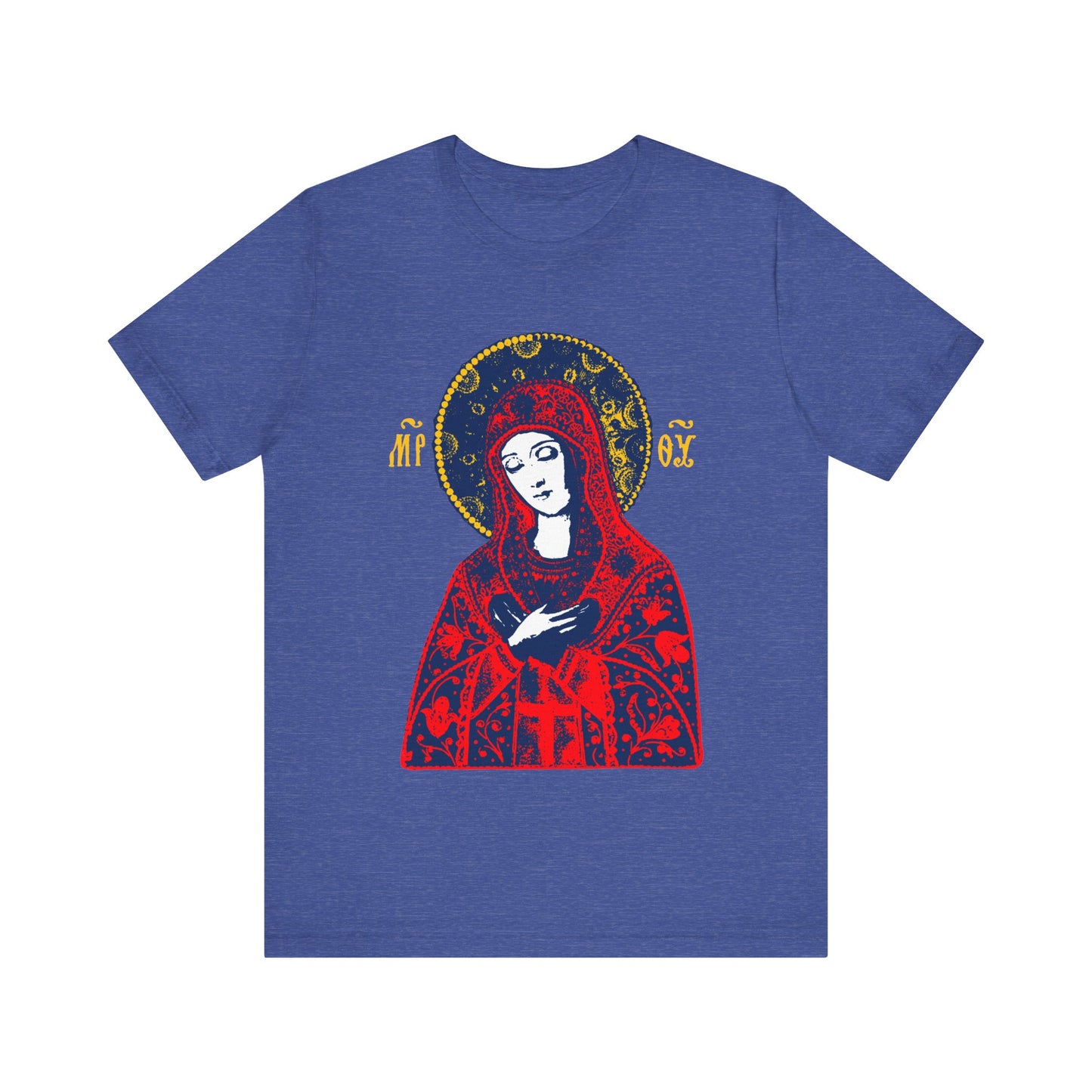 Heather true royal T-shirt featuring the Joy of All Joys Tenderness Theotokos icon, inspired by traditional Orthodox iconography in a bright red design with a halo and Greek letters. Orthodox Christian graphic tee.
