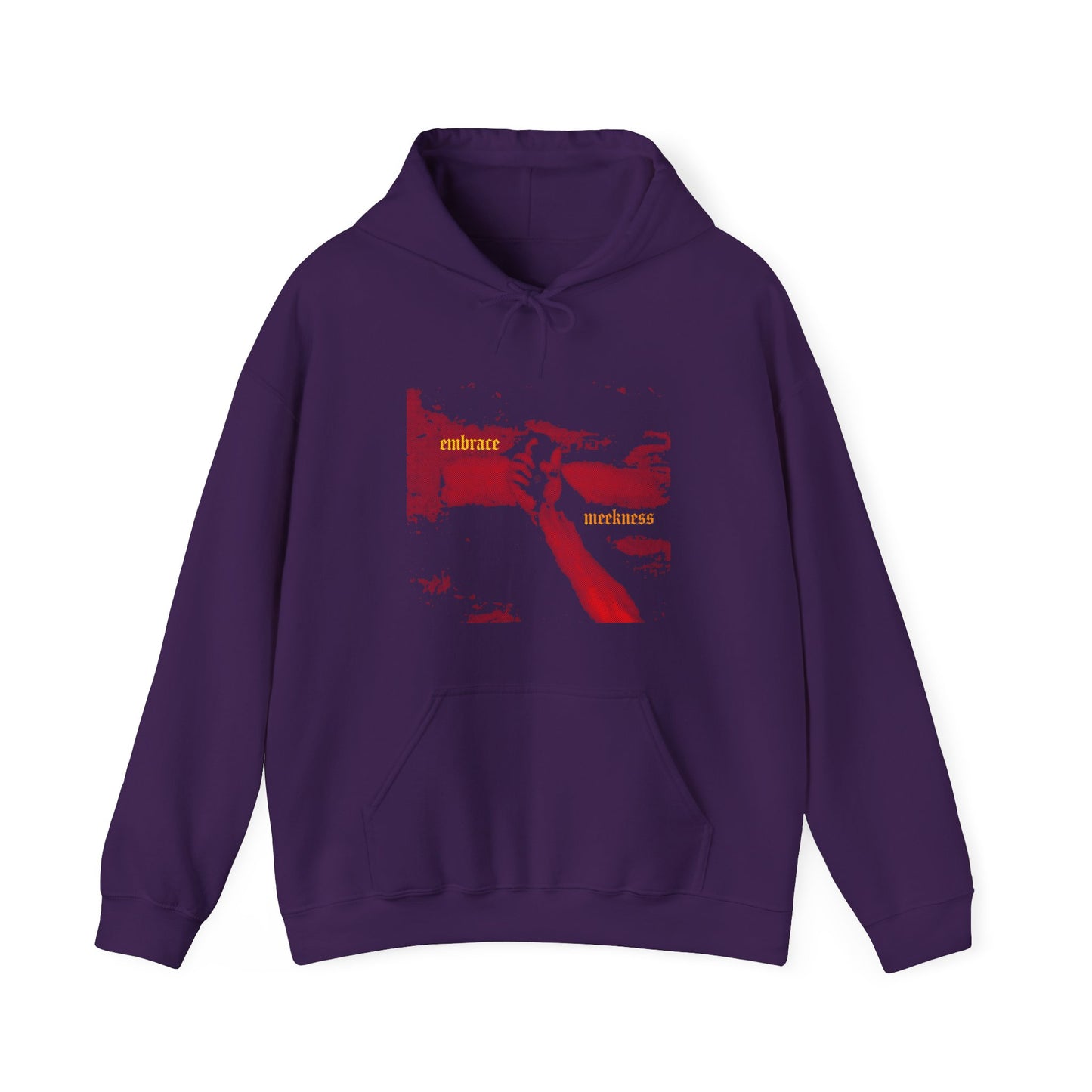 Purple "Embrace Meekness" hoodie featuring a haunting crucified Hand of Christ graphic and gothic font—Christian-inspired art by Haltone, with the message "meek shall inherit the Earth.
