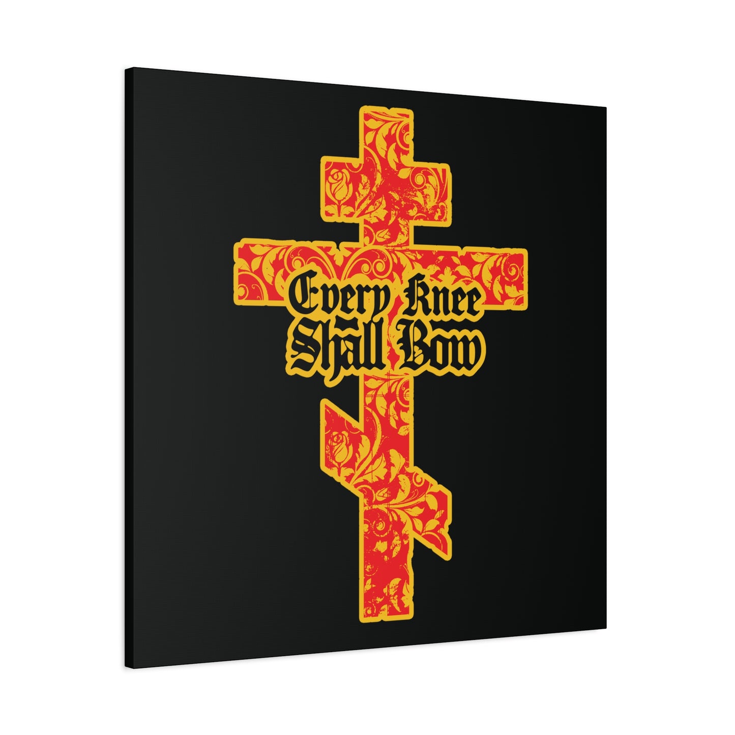 A gold and red floral Orthodox cross with "Every Knee Shall Bow" gothic lettering, inspired by Isaiah 45:22-24 & Phil 2:7-11, on a black background—Christian wall art.
