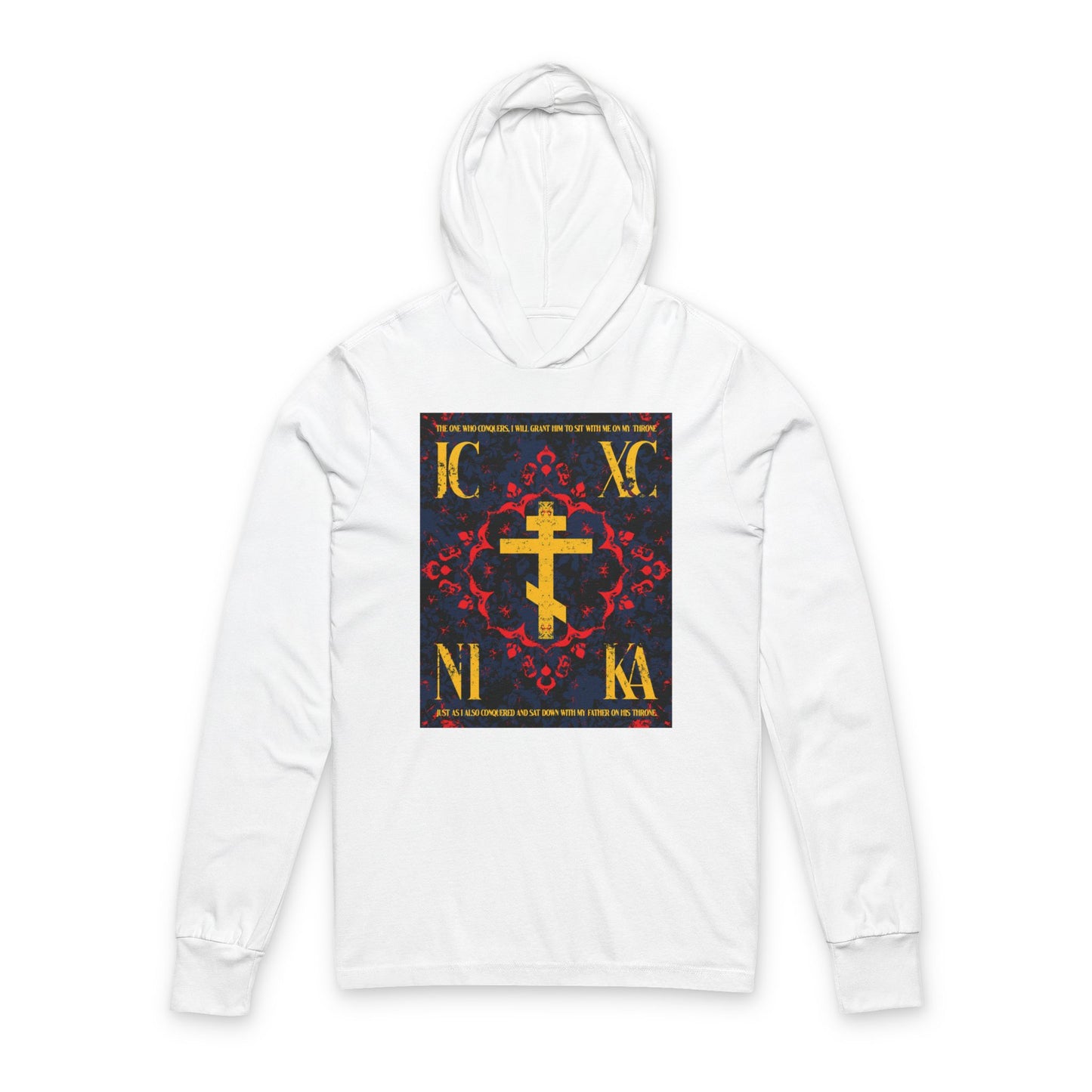 IC XC NIKA Orthodox Cross | Medieval Floral Design | The One Who Conquers (Revelation 3:21) | Orthodox Long Sleeve Hooded Shirt