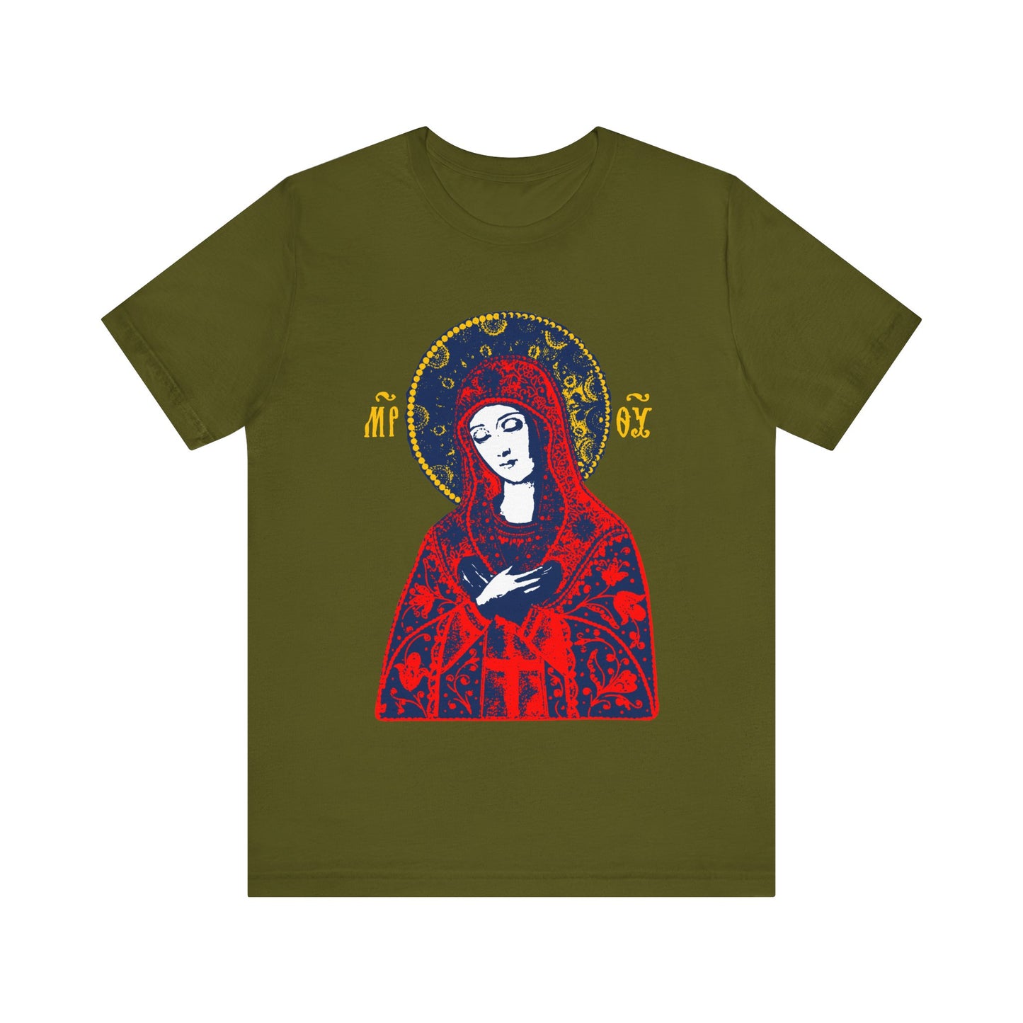 Olive t-shirt featuring a bright red, traditional Orthodox "Joy of All Joys Tenderness Theotokos" iconographic design, inspired by classic iconography.