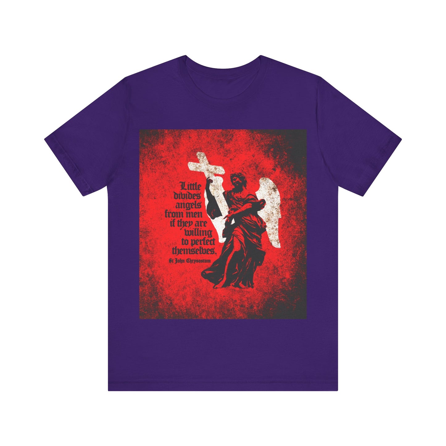Team Purple "Little Divides Angels from Men" Orthodox Christian T-shirt features a textured cemetery angel graphic and a St John Chrysostom quote on Christian perfection and faith.