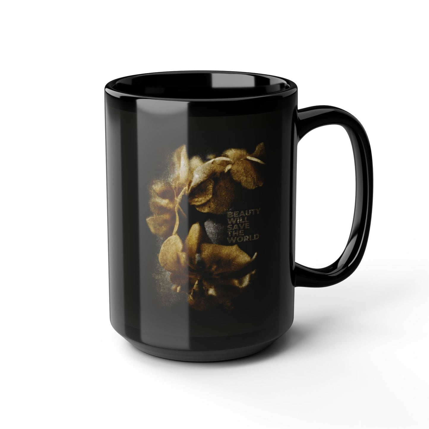 Black mug featuring "Beauty Will Save the World" with Dostoevsky's quote and artwork glorifying Jesus Christ, Universal Creator & King—a celebration of faith and beauty in every sip.