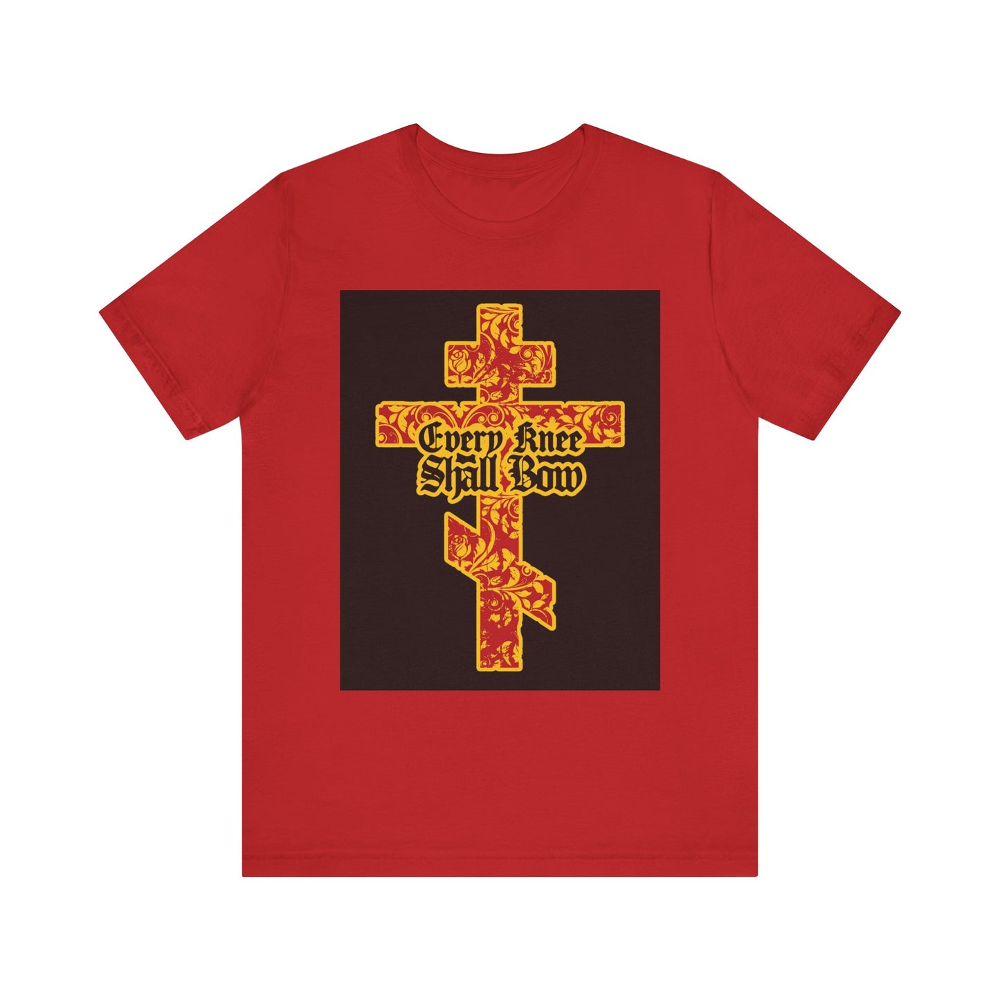 Red lightweight cotton tee featuring a gold and red floral Orthodox cross with gothic "Every Knee Shall Bow" text, inspired by Isaiah 45:22-24 and Philippians 2:7-11. Unisex fit.
