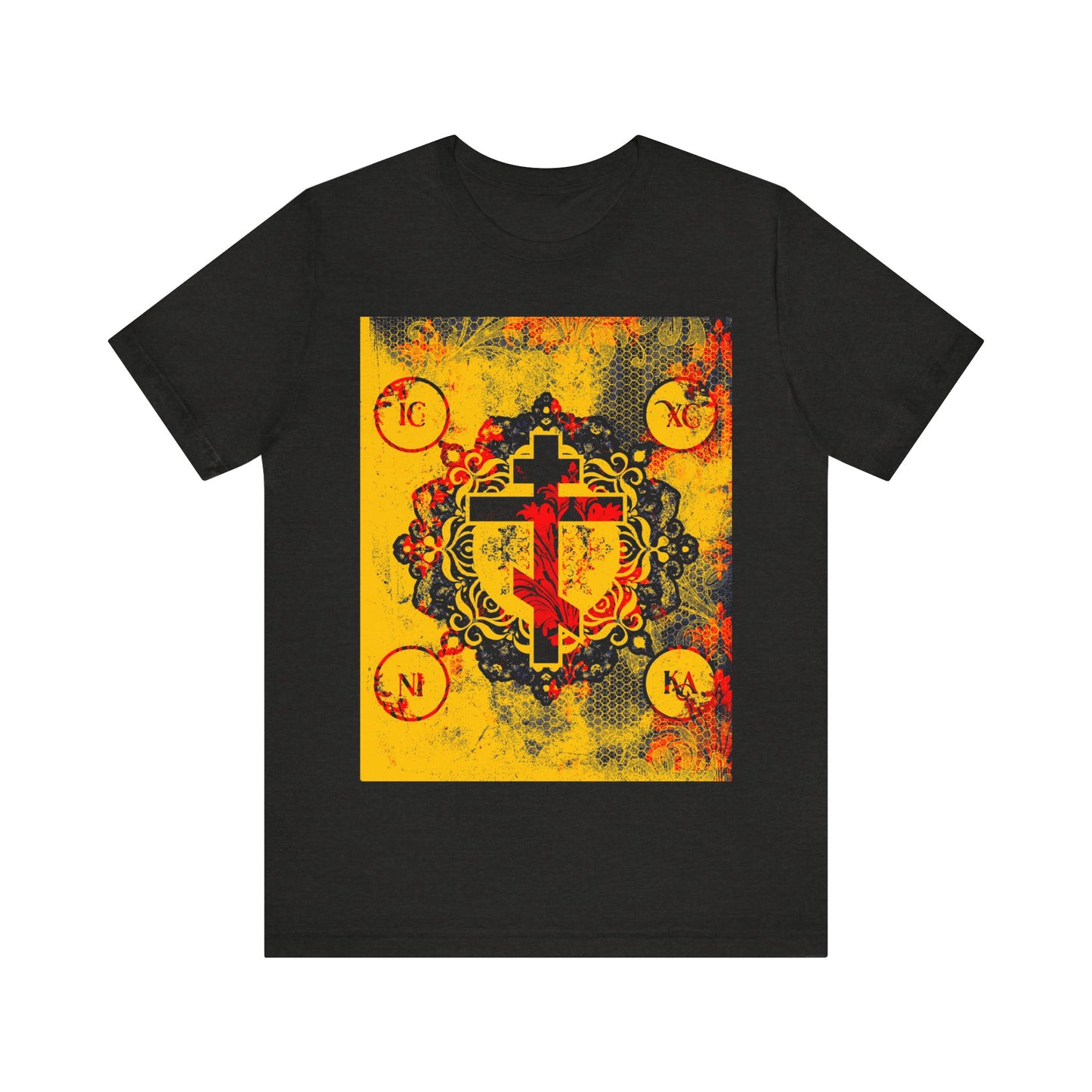 The IC XC NIKA Orthodox Cross T-shirt features a yellow and red ornate floral cross with Greek letters, symbolizing Christ’s sacrifice and the mystery of the Cross. Available in Black Heather.