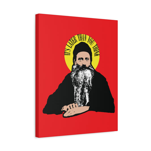 A bearded man on a red background with a yellow halo reading "It's Later Than You Think," inspired by Fr Seraphim Rose and featured in "It's Later Than You Think | Fr Seraphim Rose Quote in Yellow Halo" Orthodox Christian Wall Art.