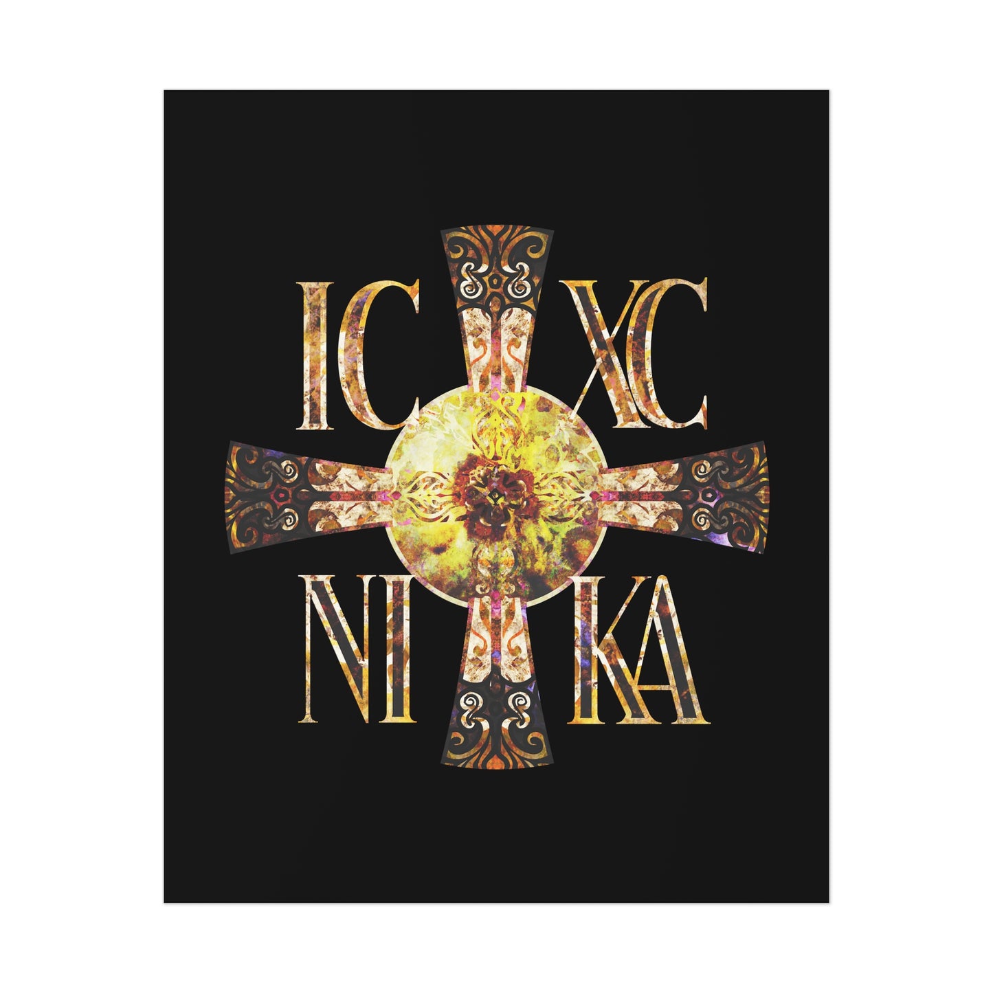 ICXC NIKA Celtic Style Equal Armed Cross | Bright Solar Texture | Orthodox Christian Art Poster