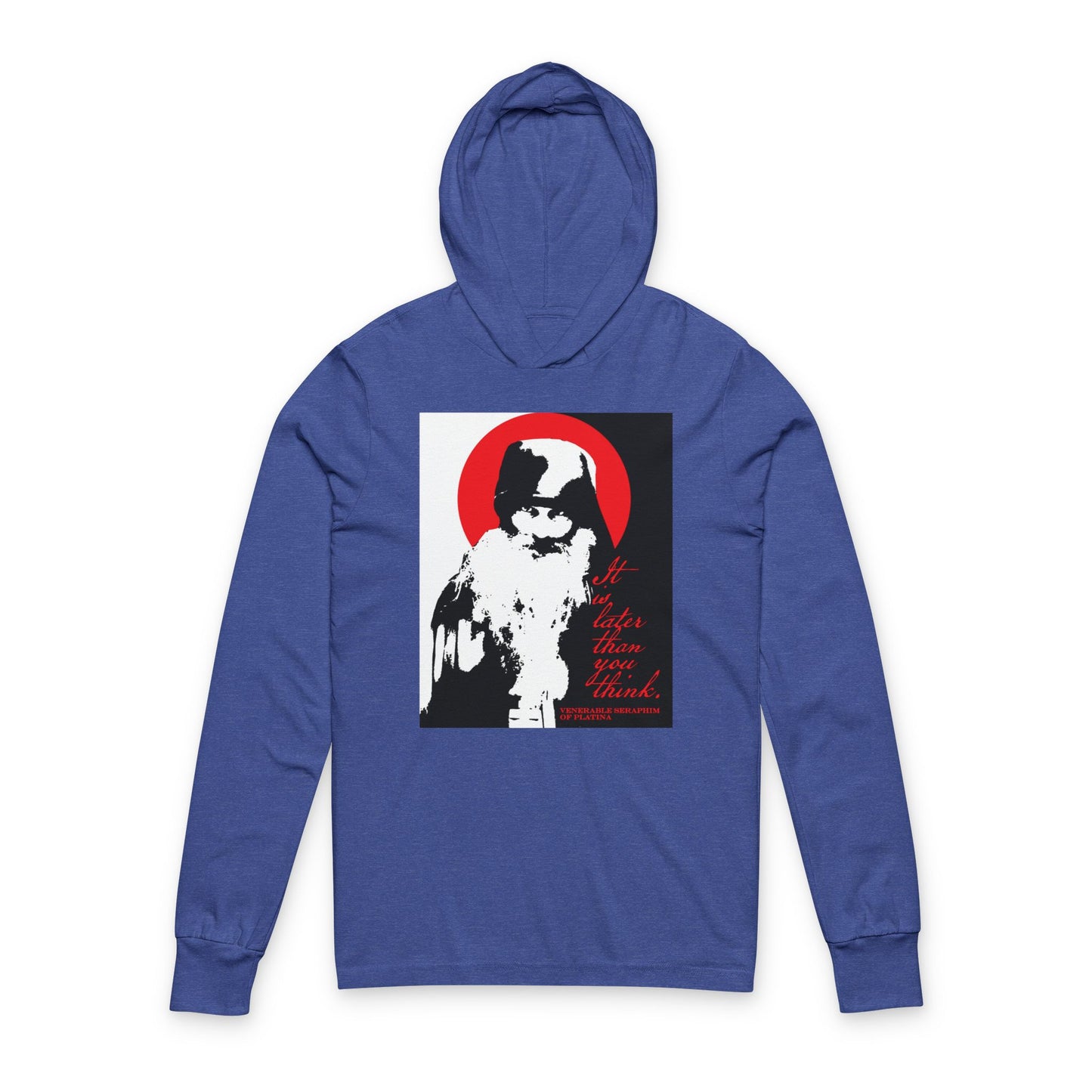 Remembrance of Death “It’s Later Than You Think” hooded shirt features Fr Seraphim Rose in a bold black, white, and red design inspired by Orthodox spirituality, with the phrase “It’s deeper than you think” on the front.