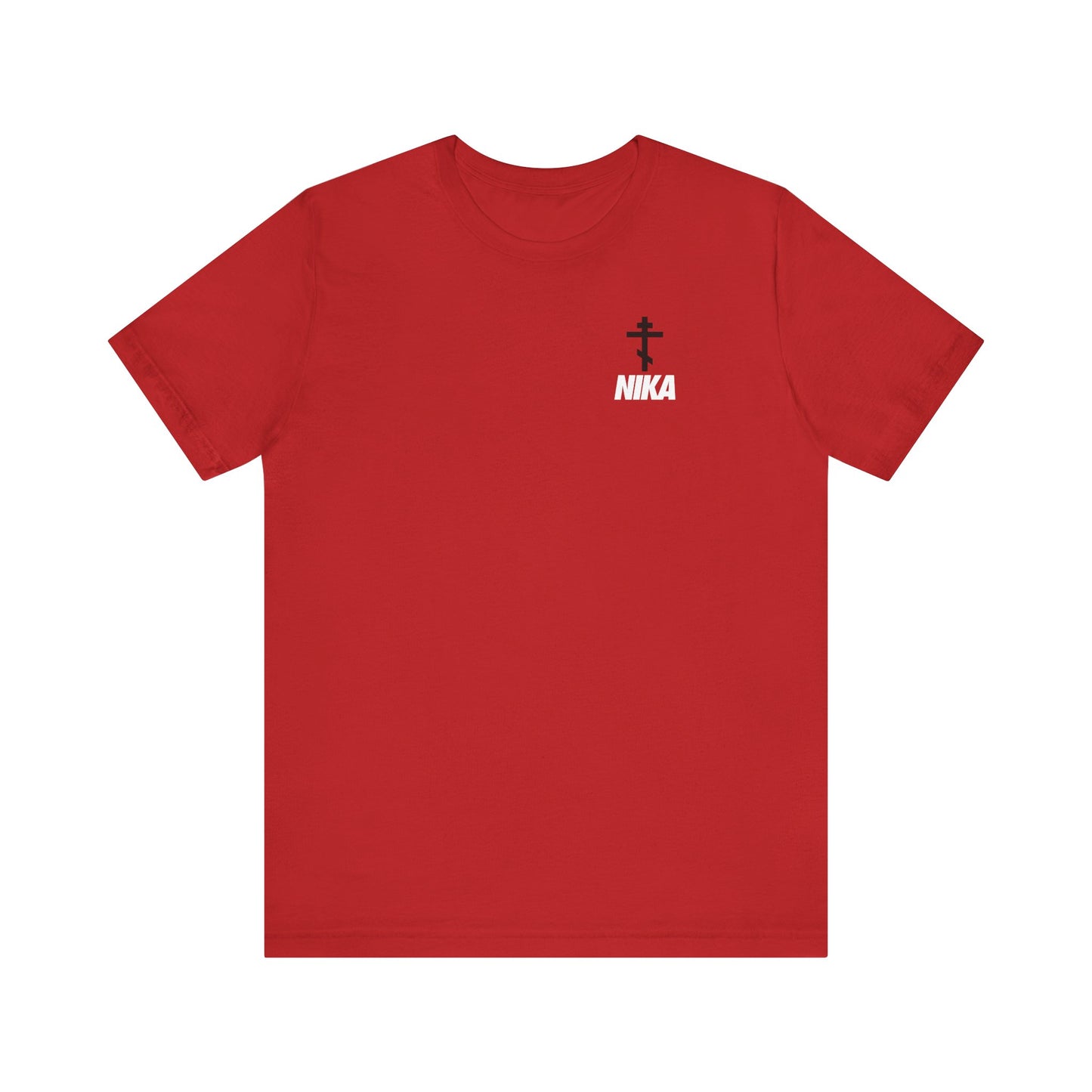 Red unisex tee featuring a small black Orthodox cross and bold white NIKA text, inspired by the NIKE logo. Made from lightweight cotton for athletic ascetic style.