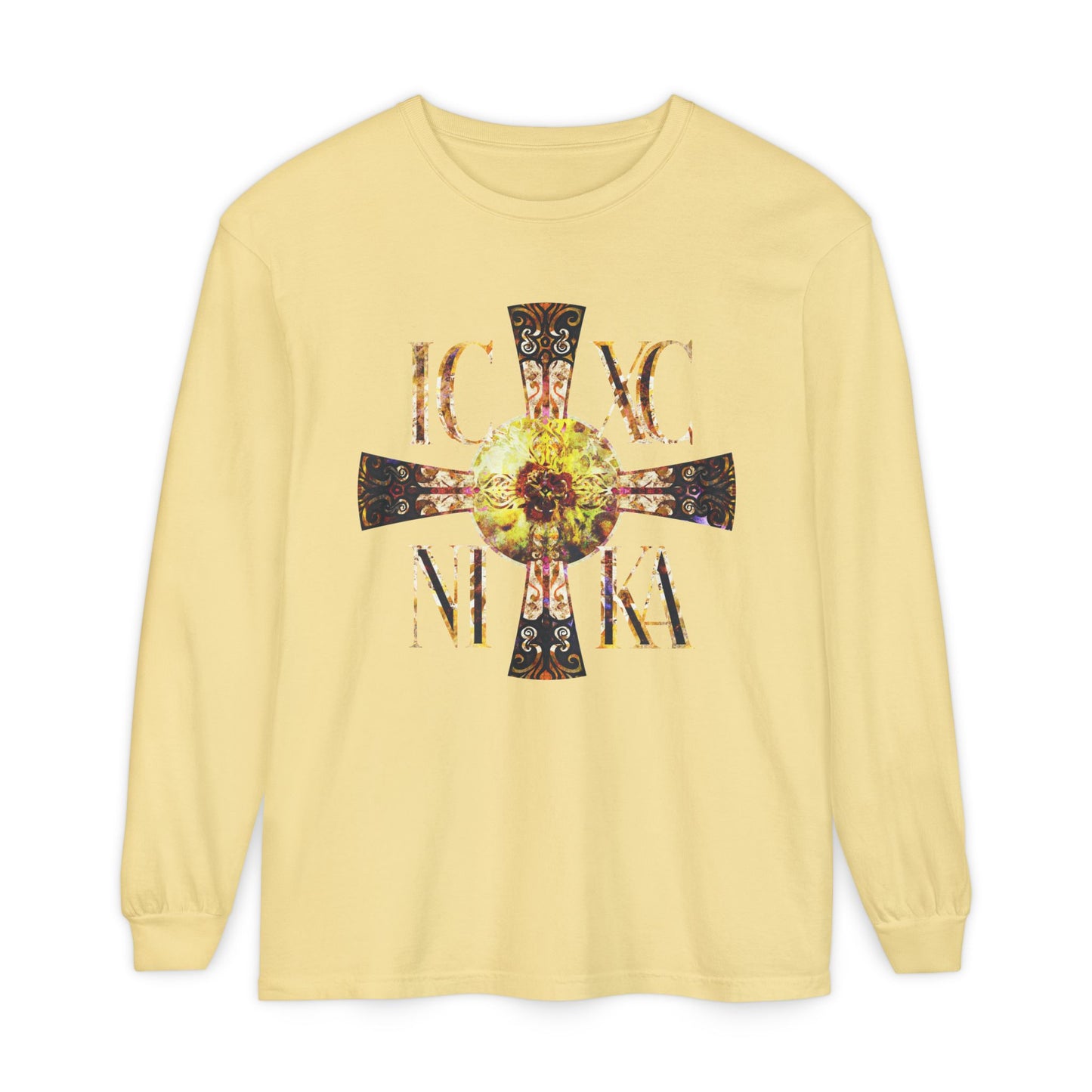 ICXC NIKA Celtic Style Equal Armed Cross | Bright Solar Texture | Orthodox Christian Long Sleeve Shirt