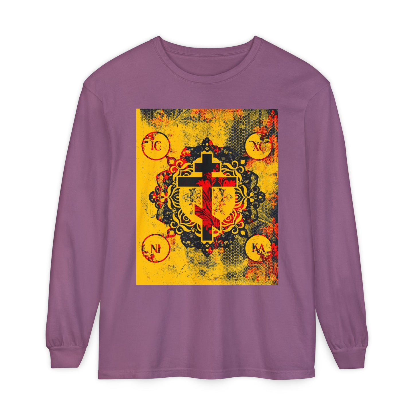 IC XC NIKA Orthodox Cross | Yellow & Red Modern & Medieval Textured Floral Design | Orthodox Christian Long Sleeve Shirt