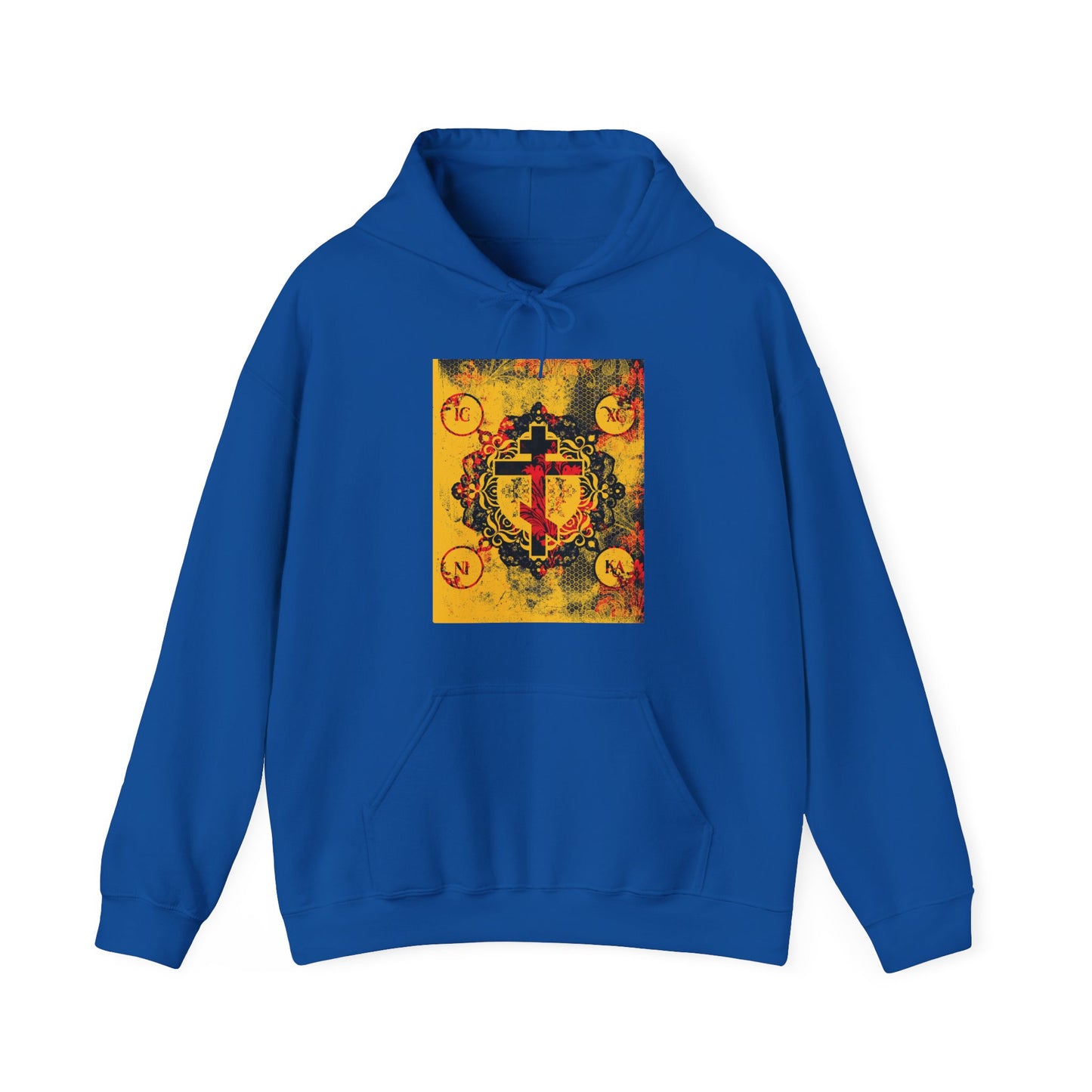 IC XC NIKA Orthodox Cross | Yellow & Red Modern & Medieval Textured Floral Design | Orthodox Christian Hoodie