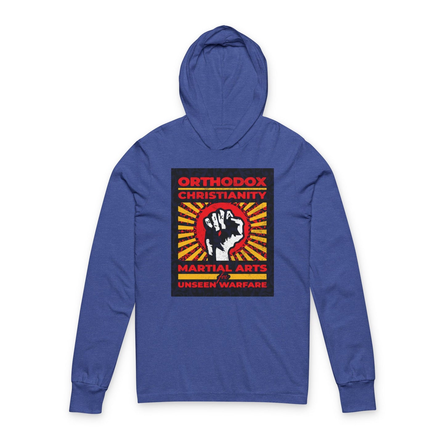 Orthodox Christianity: Martial Arts for Unseen Warfare | NIKA Jesus Fist on Colorful Sunburst Design | Orthodox Long Sleeve Hooded Shirt