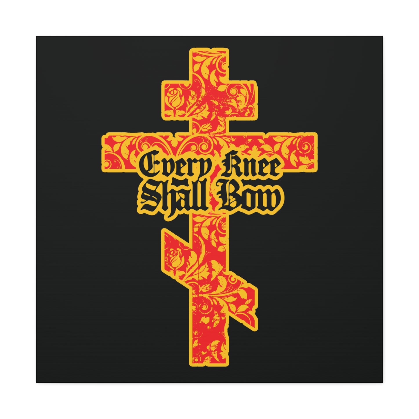 A gold and red floral-textured Orthodox cross with "Every Knee Shall Bow" in gothic lettering, inspired by Isaiah 45:22-24 and Phil 2:7-11, featured as Christian wall art.