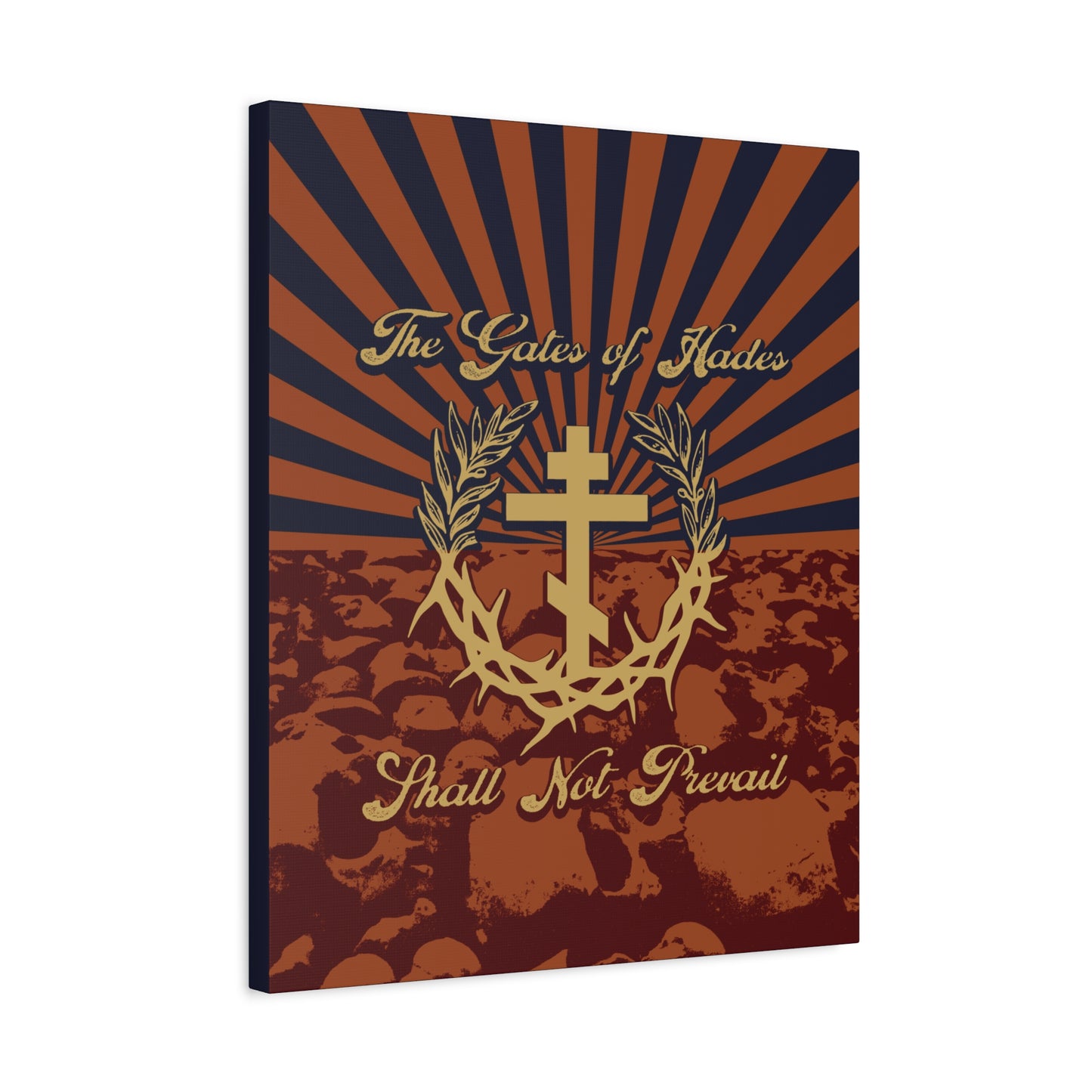 The Gates of Hades Shall Not Prevail | Cross with Wreath & Crown of Thorns | Skulls and Rays | Orthodox Christian Canvas Art