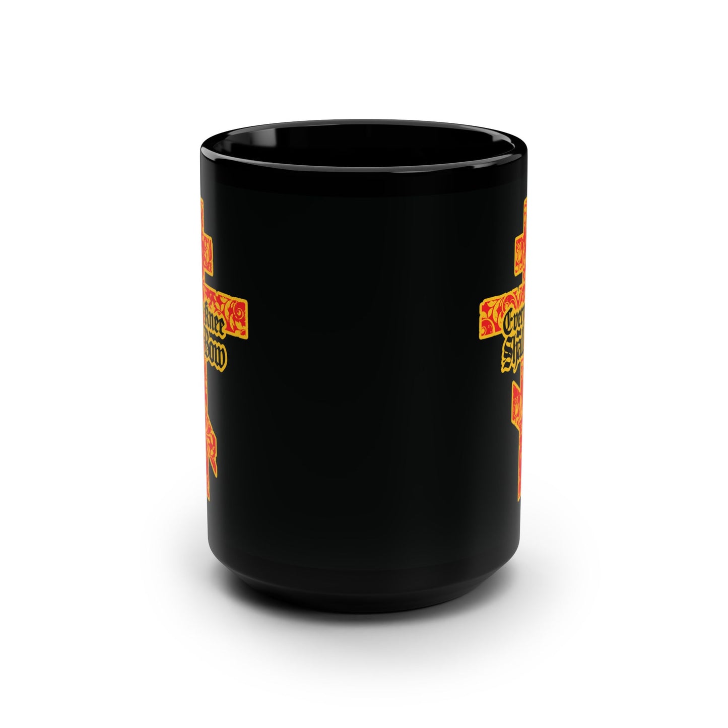 Black mug titled Every Knee Shall Bow features a gold and red floral Orthodox cross with gothic lettering and the verses Isaiah 45:22-24, Philippians 2:7-11 on the side.