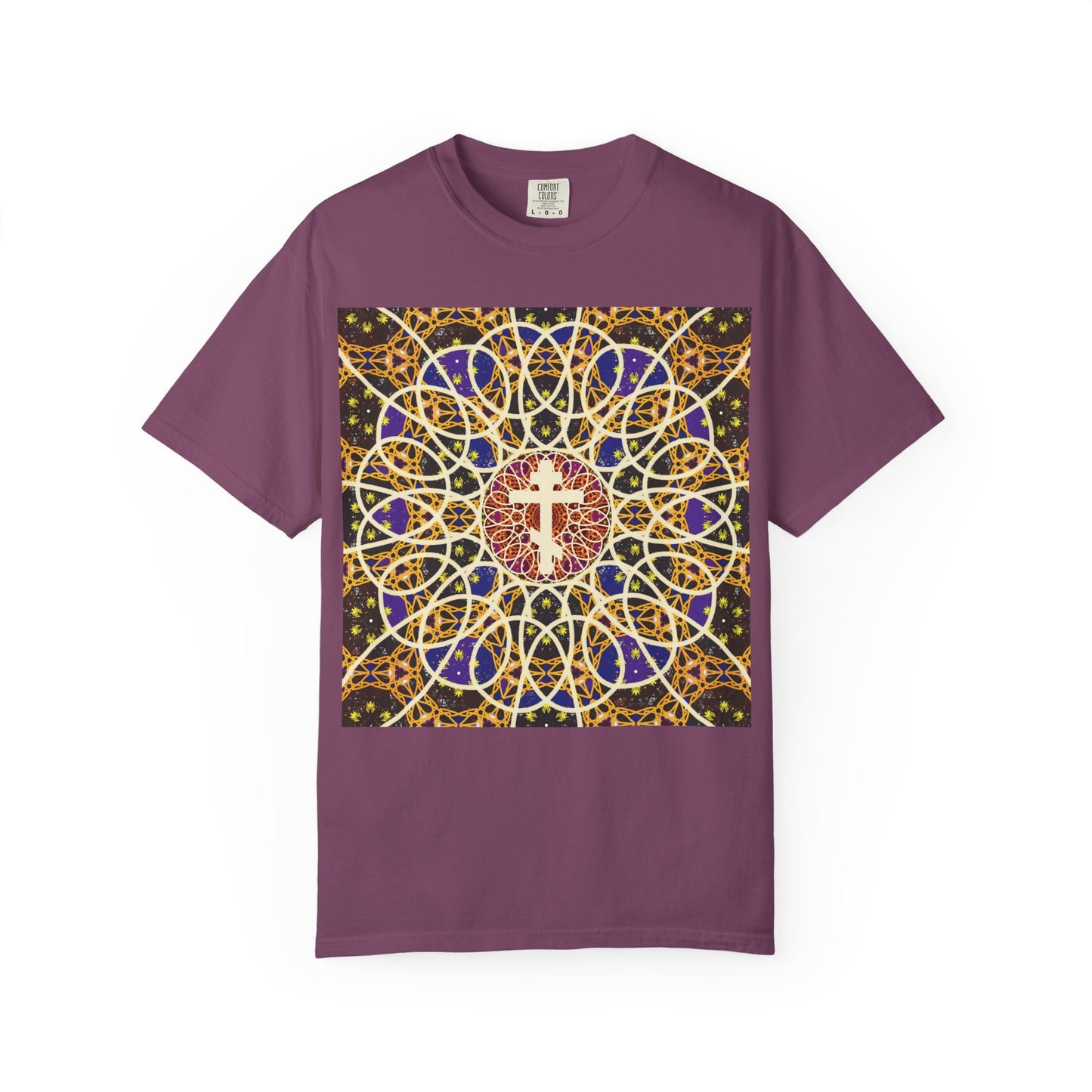 Berry T-shirt featuring a Medieval Cosmology rose window design with an Orthodox cross at the center, inspired by Tone 6 Sunday Matins and the phrase “Let all the earth venerate the Cross.”.