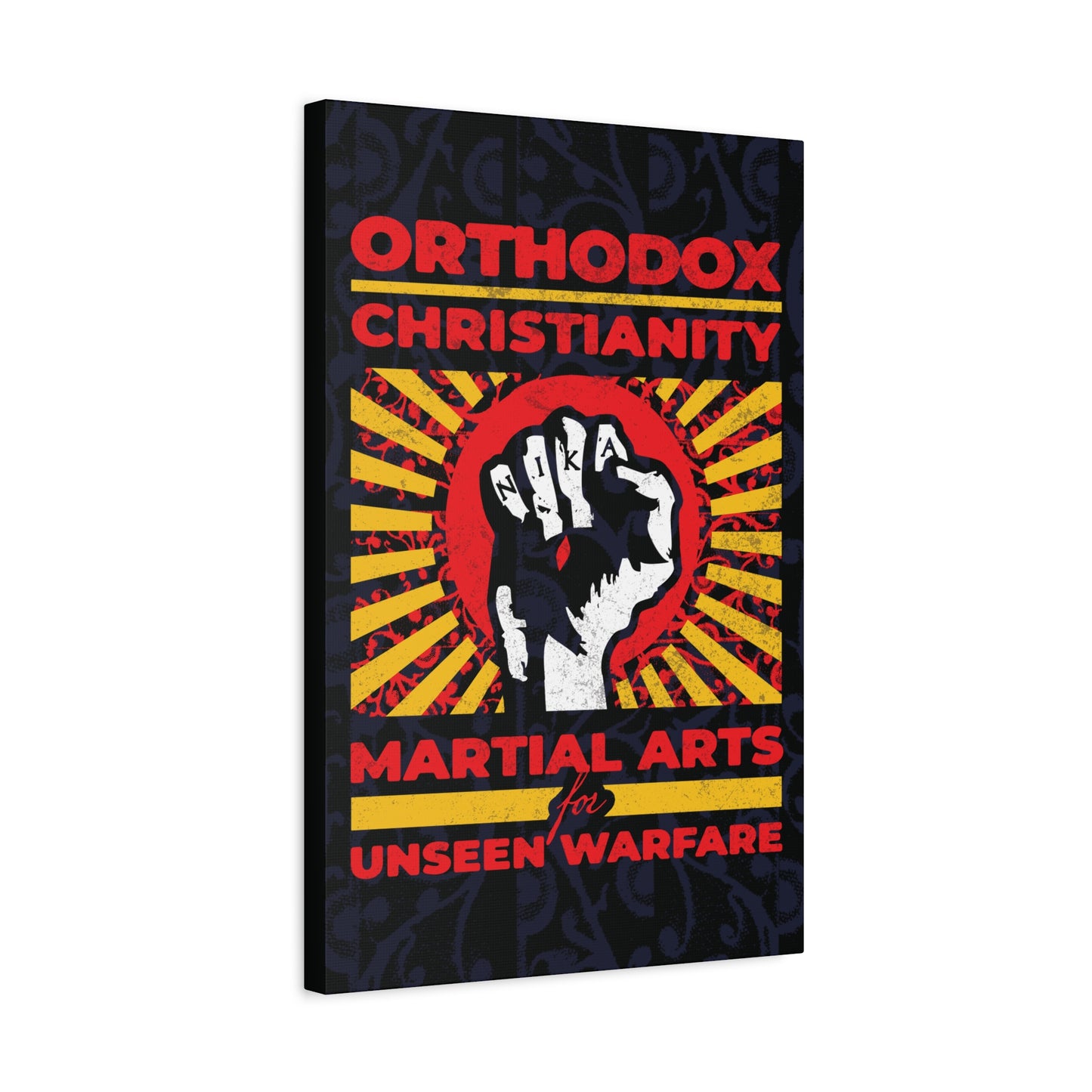 Orthodox Christianity: Martial Arts for Unseen Warfare | NIKA Jesus Fist on Colorful Sunburst Design | Orthodox Christian Canvas Art