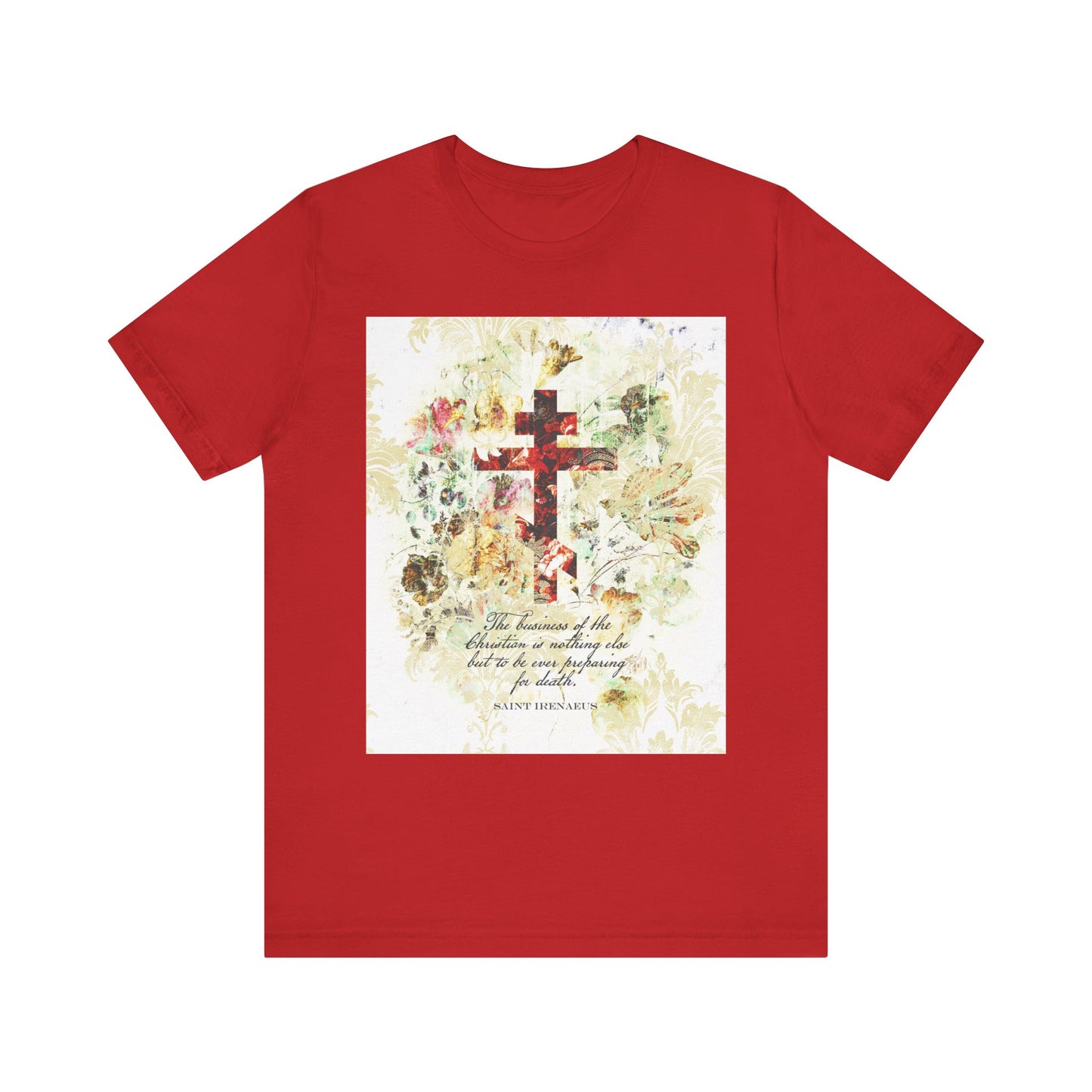 Red "Preparing For Death" lightweight cotton unisex tee featuring a white and beige floral scrapbook texture cross in an arts & crafts style, inspired by St. Irenaeus and the classic Christian theme of death preparation.
