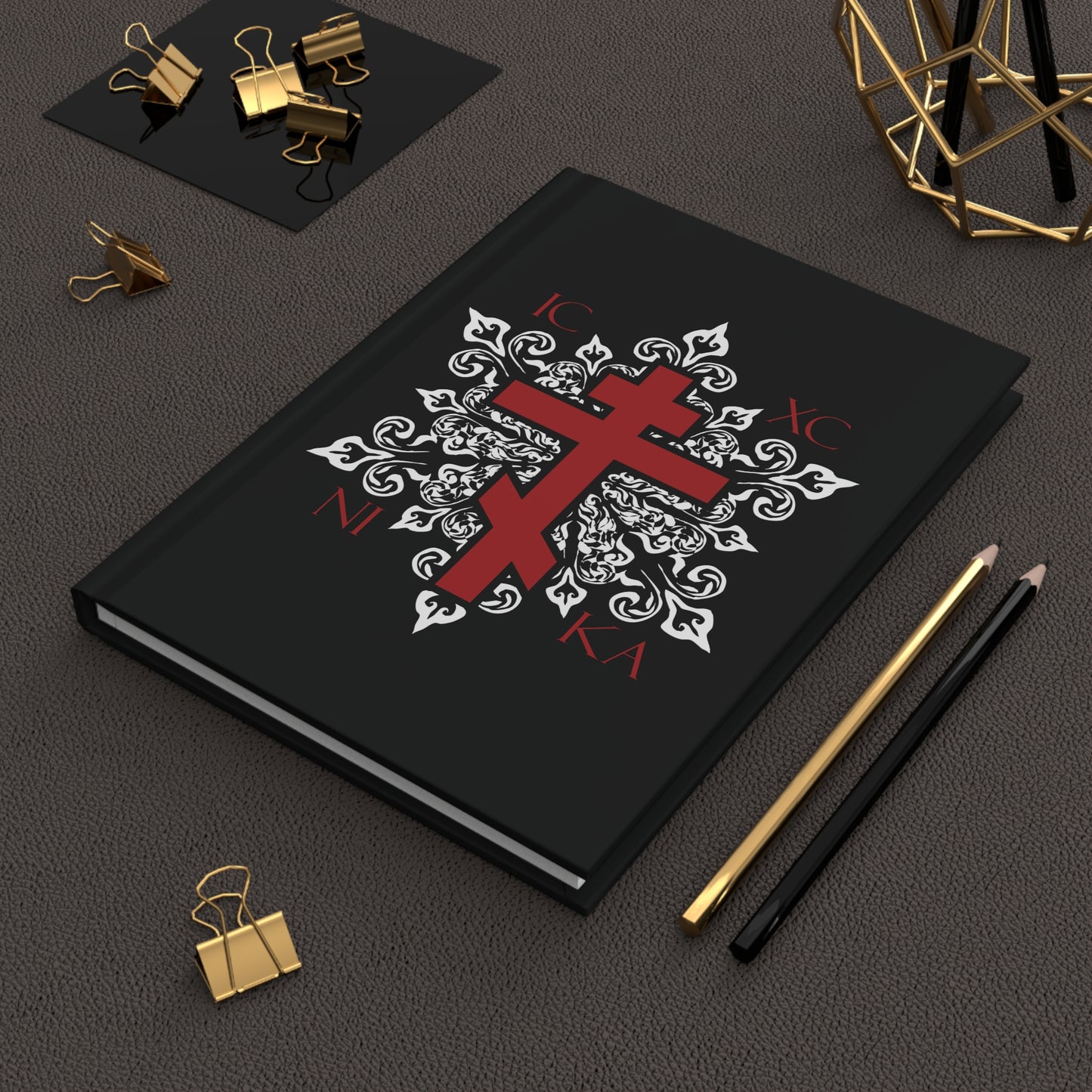 ICXC / NIKA Red Orthodox Cross on Ornate White Medieval Floral Design | Exclusive Best-Selling | Orthodox Christian Hardcover Journal