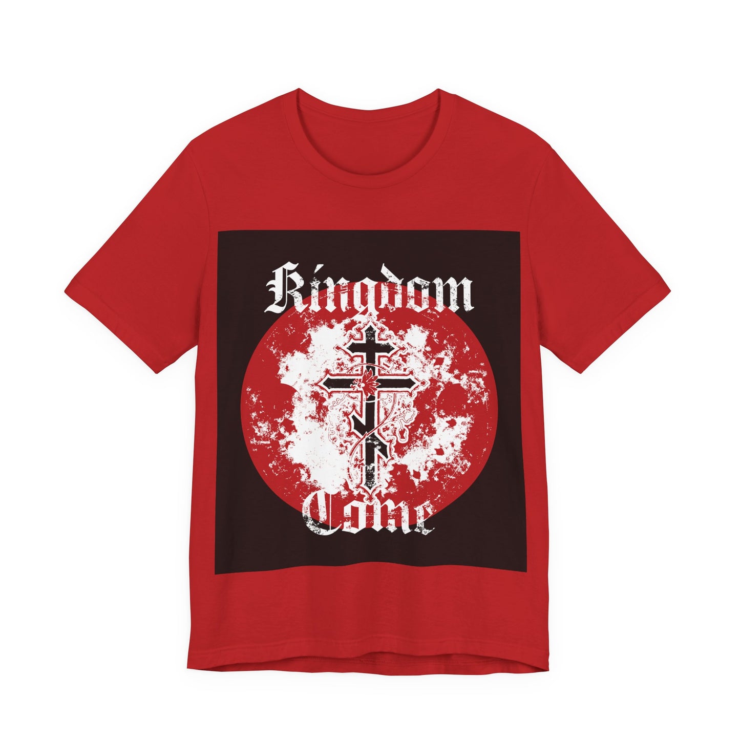 Red "Kingdom Come" unisex cotton t-shirt with Orthodox cross and vine, inspired by the Lord’s Prayer; features white grunge circle and gothic text.