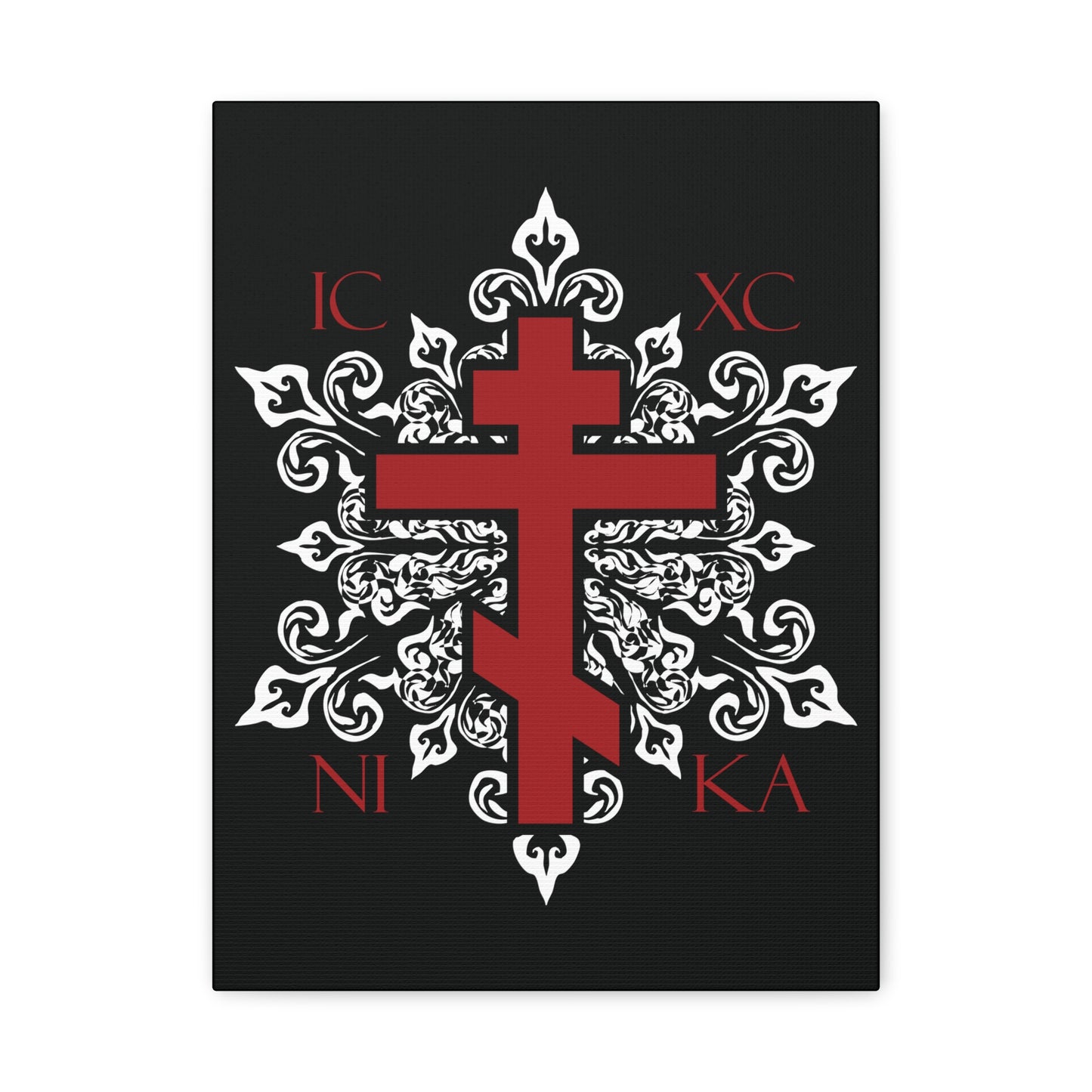 ICXC / NIKA Red Orthodox Cross on Ornate White Medieval Floral Design | Exclusive Best-Selling | Orthodox Christian Canvas Art