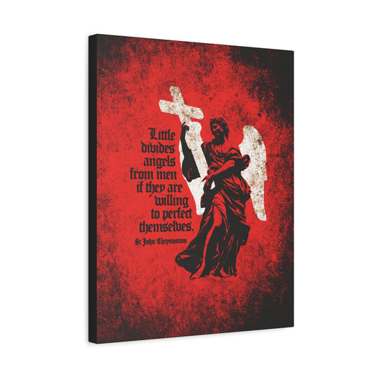 The "Little Divides Angels from Men" canvas art features a textured cemetery angel with a cross on a red background and an inspiring St. John Chrysostom quote, beautifully expressing Orthodox Christian perfection.