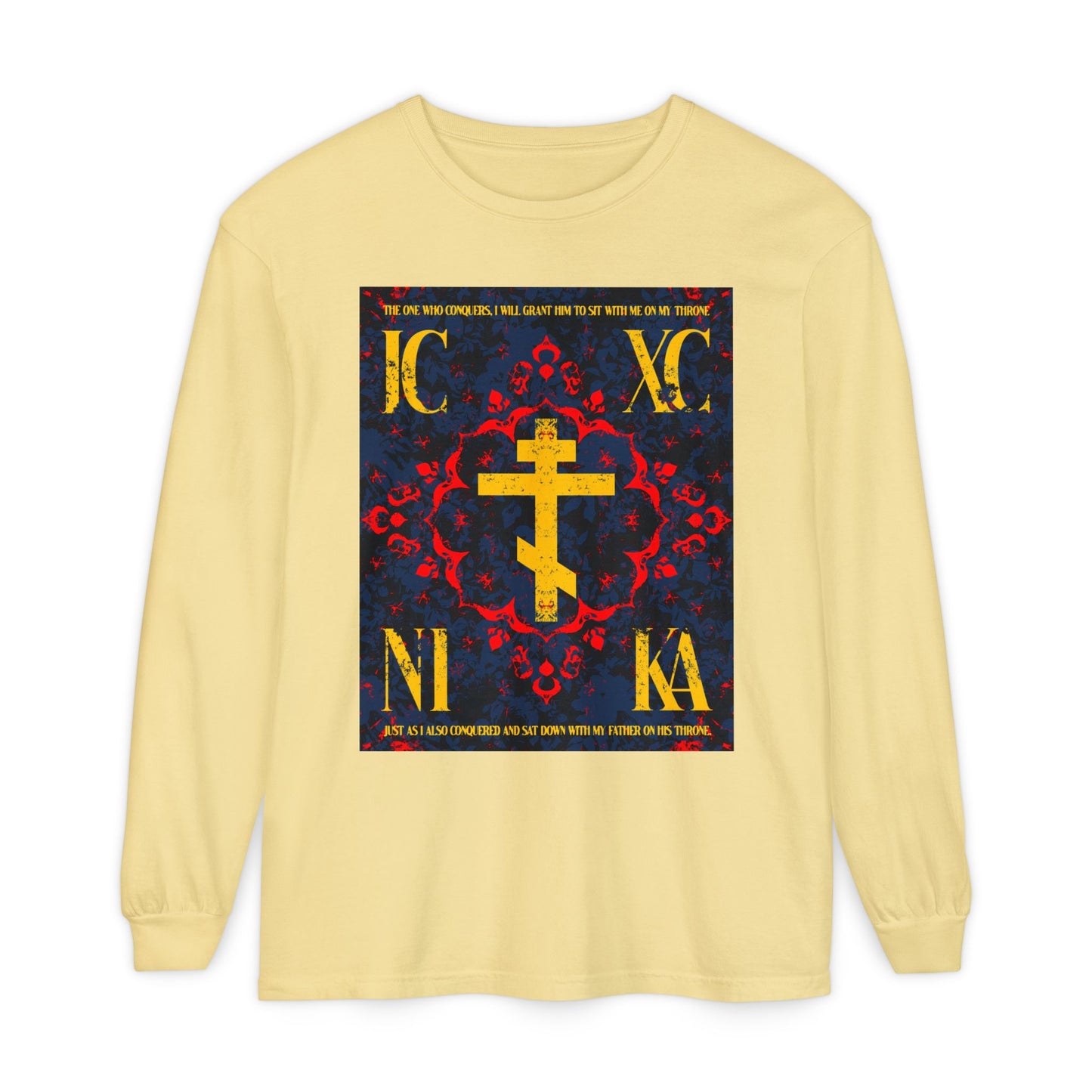 IC XC NIKA Orthodox Cross | Medieval Floral Design | The One Who Conquers (Revelation 3:21) | Orthodox Christian Long Sleeve Shirt
