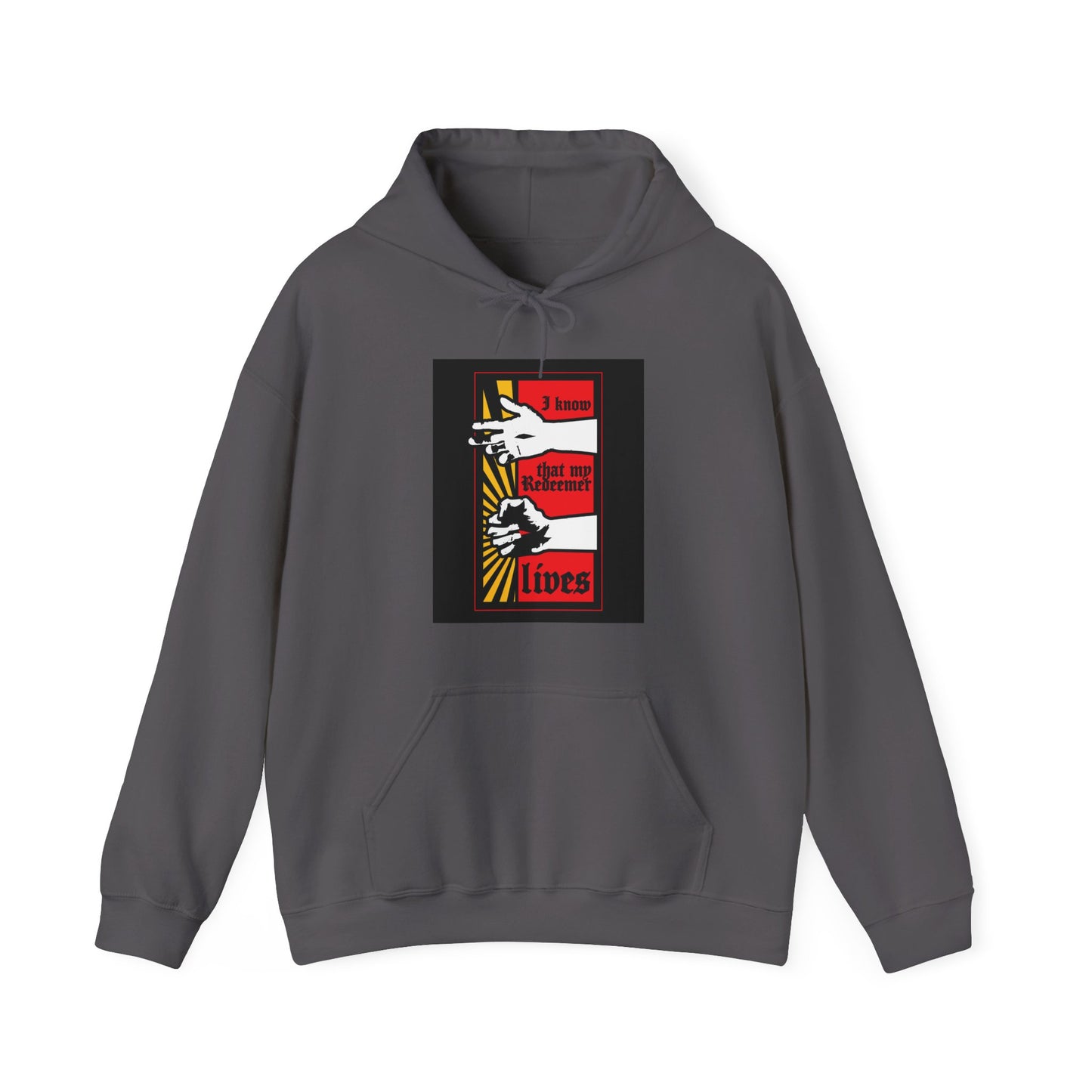 Charcoal hoodie featuring a comic book style "I Know That My Redeemer Lives" (Job 19:25) graphic with a resurrected Jesus fist radiating divine power. Orthodox Christian design.