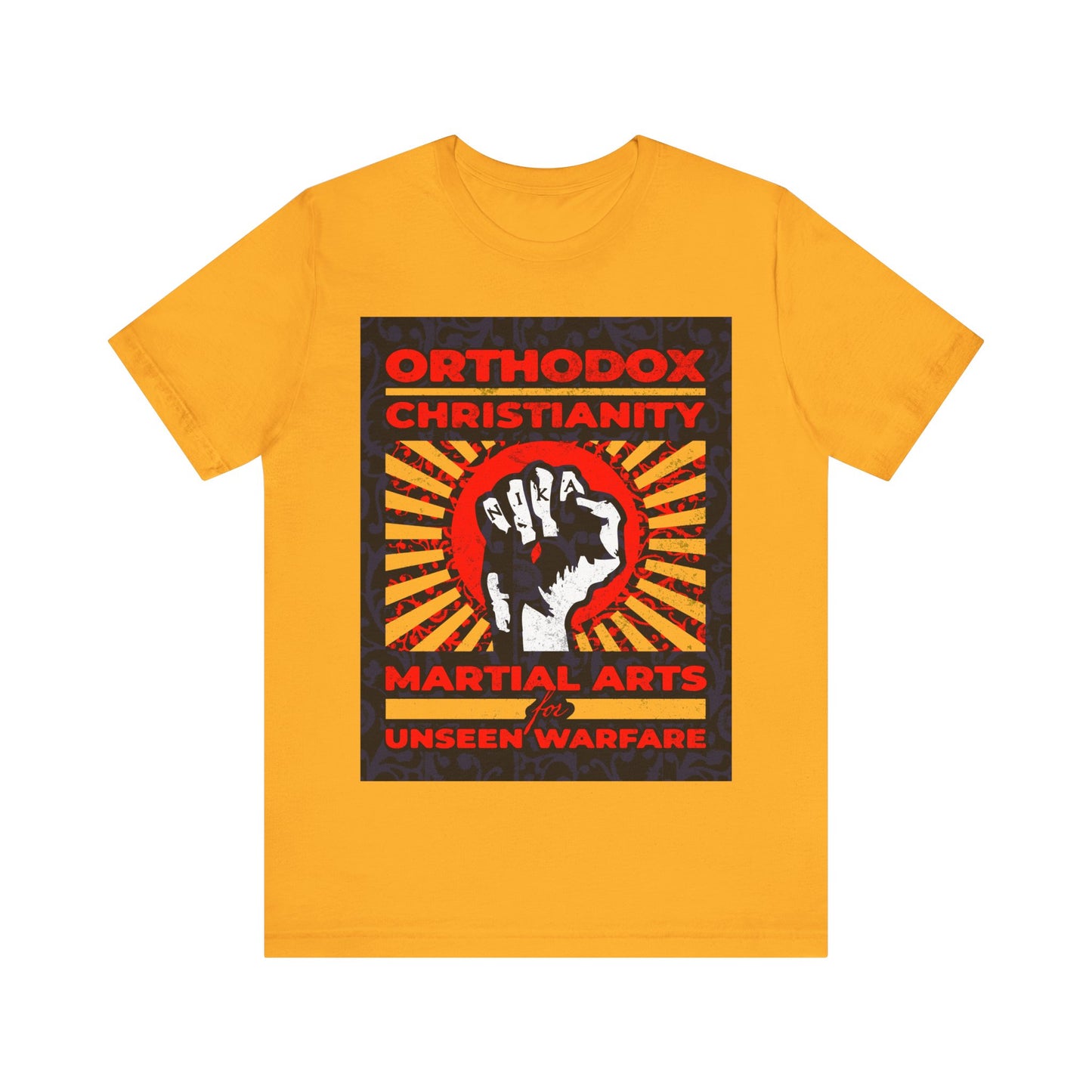Orthodox Christianity: Martial Arts for Unseen Warfare | NIKA Jesus Fist on Colorful Sunburst Design | Orthodox Christian T-Shirt