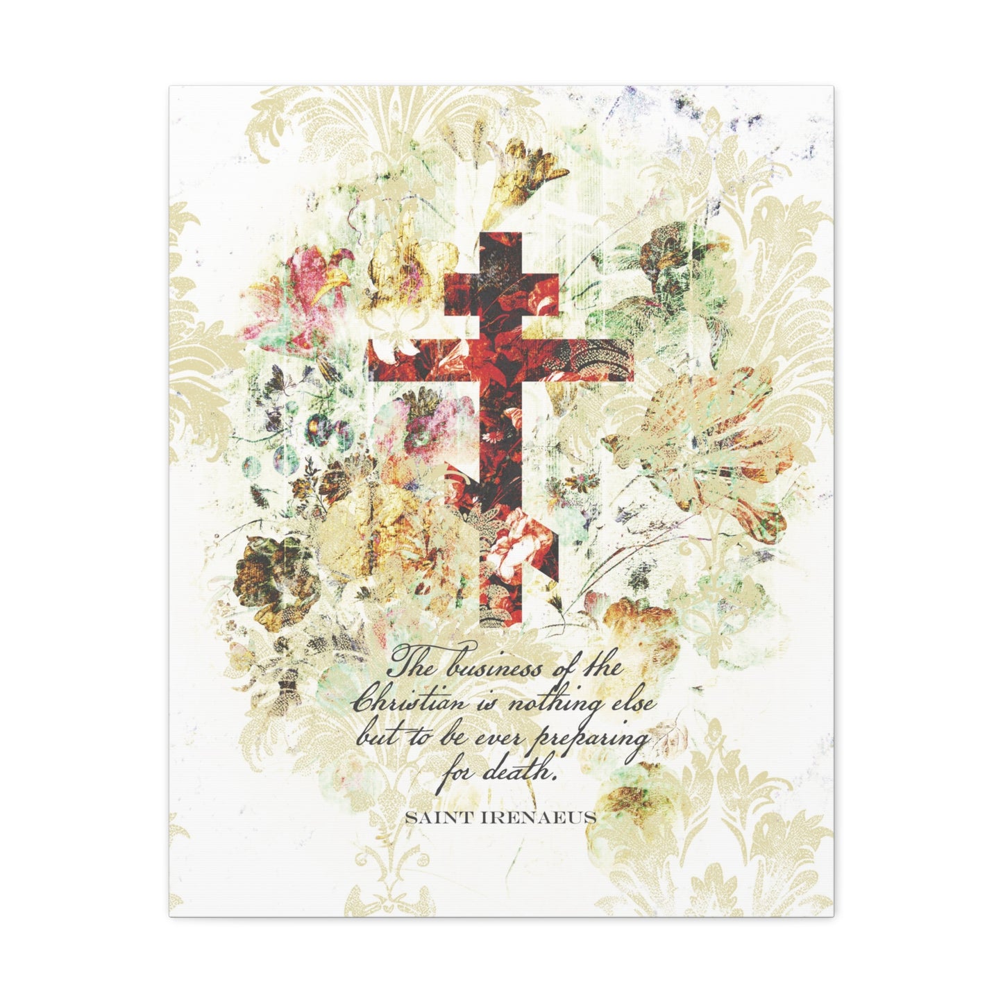 Preparing For Death | White & Beige Floral Scrapbook Texture Cross | Arts & Crafts Style | St Irenaeus | Orthodox Christian Canvas Art