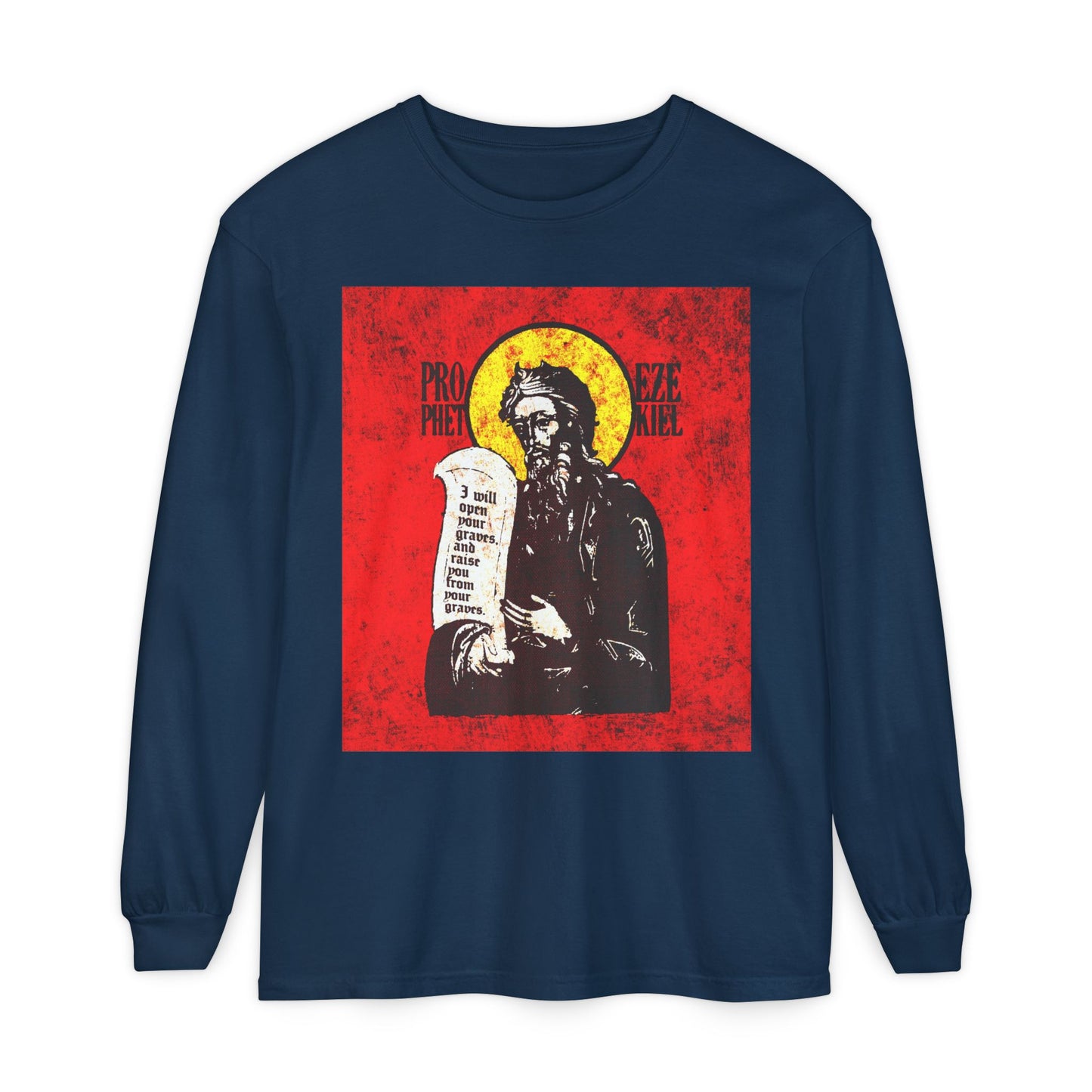Prophet Ezekiel IconoGraphic | Textured, High Contrast Bright Red and Yellow Design | Old Testament | Orthodox Christian Long Sleeve Shirt