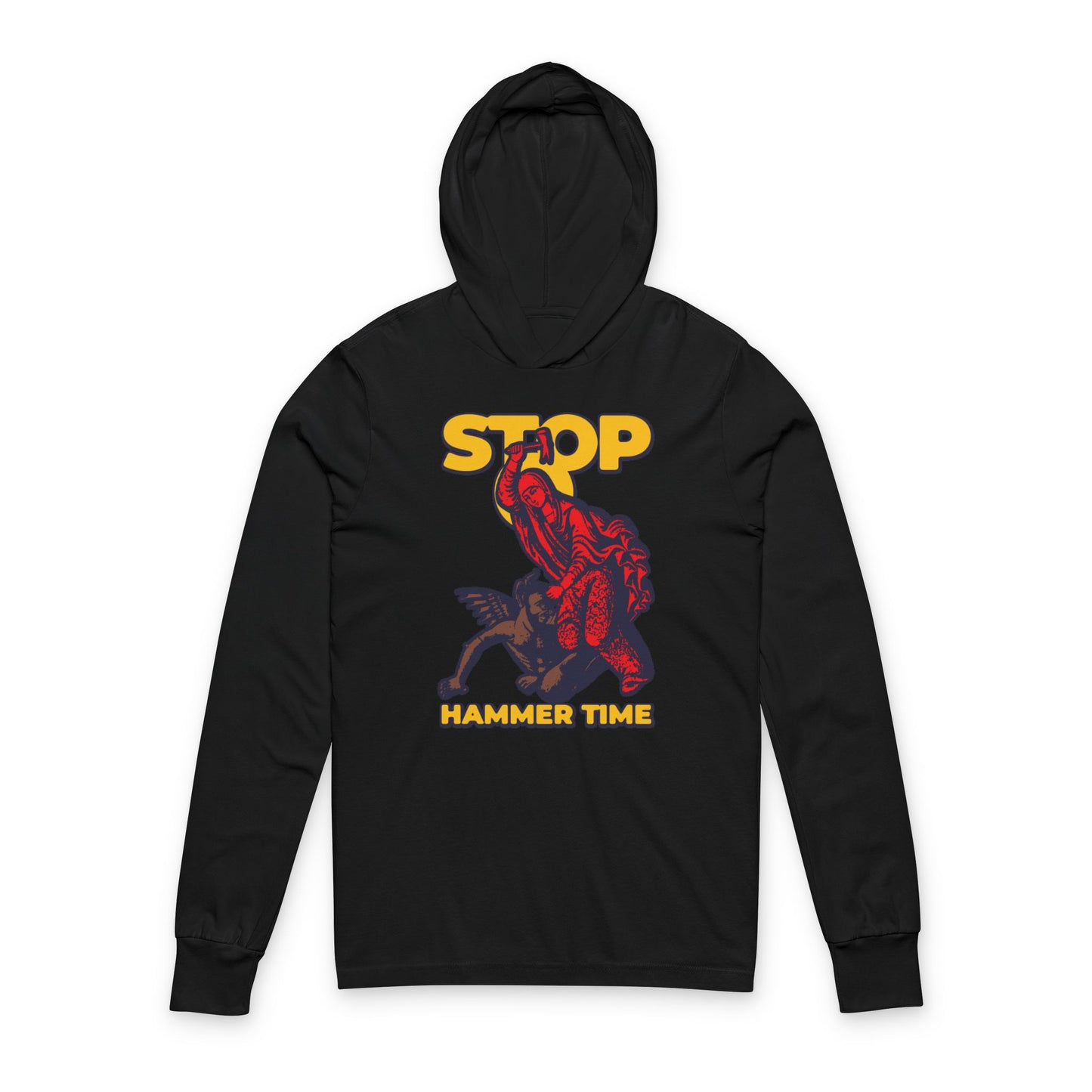 Black hoodie featuring St Marina of Antioch beating the devil with a hammer, bold “STOP HAMMER TIME” text in red, blue, and yellow—a modern Orthodox meme honoring legendary Christian courage.