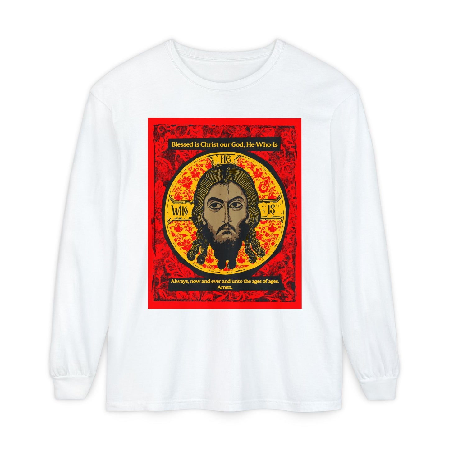 The Remembrance of Death “Made Without Hands” long-sleeve shirt features a red, black & yellow Orthodox icon of Jesus Christ with halo, Troparion Tone 2 text above (“Blessed is Christ our God, He-Who-Is”), and more text below on a red background.