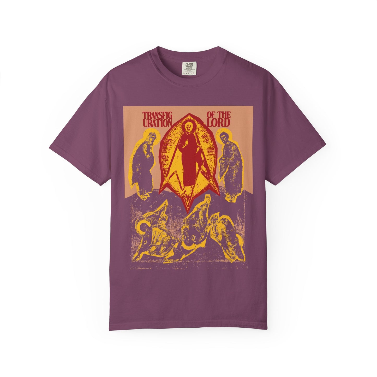 Berry unisex heavyweight cotton tee featuring a yellow-red Orthodox Christian "Transfiguration of the Lord" icono-graphic with punk zine cut-out aesthetic and text inspired by the Troparion of Transfiguration and the teachings of St. Ephraim the Syrian.