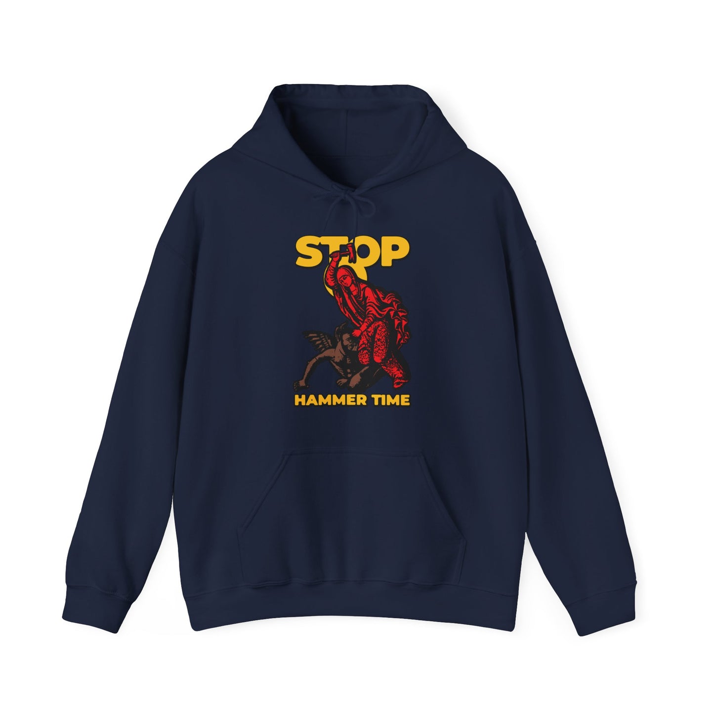 Navy hoodie featuring St Marina of Antioch beating the devil with a hammer, "Stop, Hammer Time," in red, blue, and yellow—a modern Orthodox meme for bold Christian style.