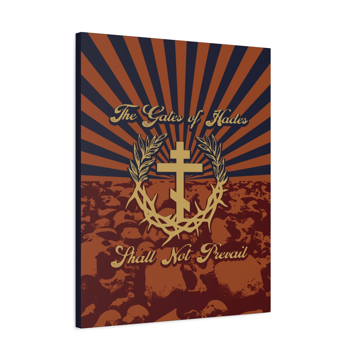 The Gates of Hades Shall Not Prevail | Cross with Wreath & Crown of Thorns | Skulls and Rays | Orthodox Christian Canvas Art