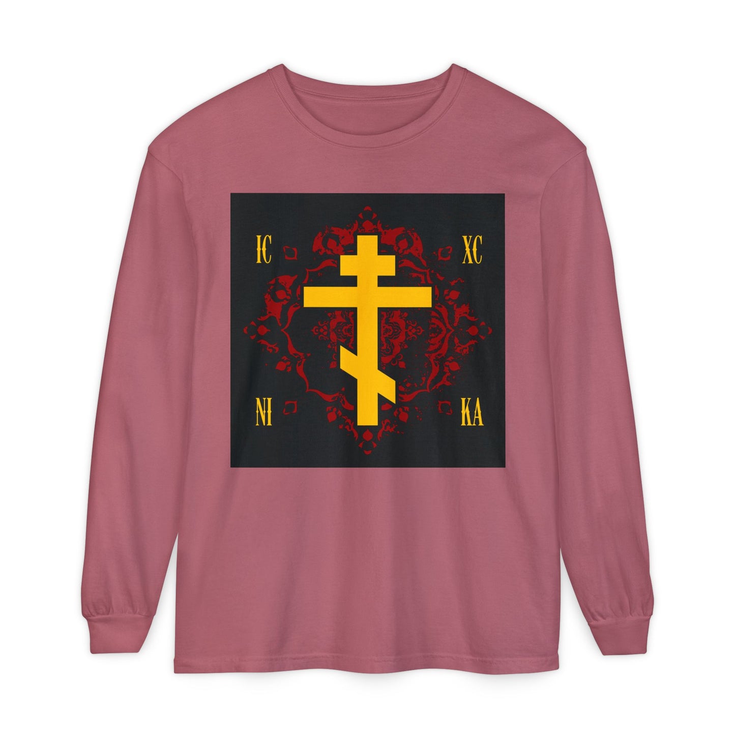 Crimson long sleeve shirt featuring a yellow ICXC NIKA Russian Cross on an ornate red background, inspired by Jesus Christ Conquers and Orthodox Christian tradition.