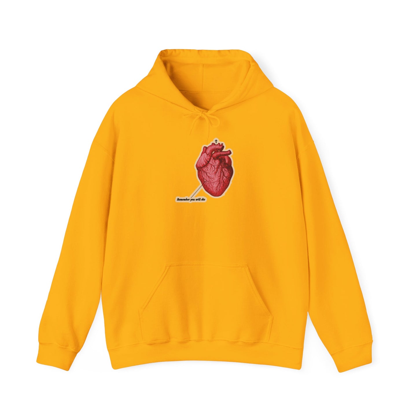 Gold hoodie featuring a red heart graphic, Orthodox cross, and subtle text inspired by "Remember You Will Die," Memento Mori, and Christian themes of repentance and God's mercy.