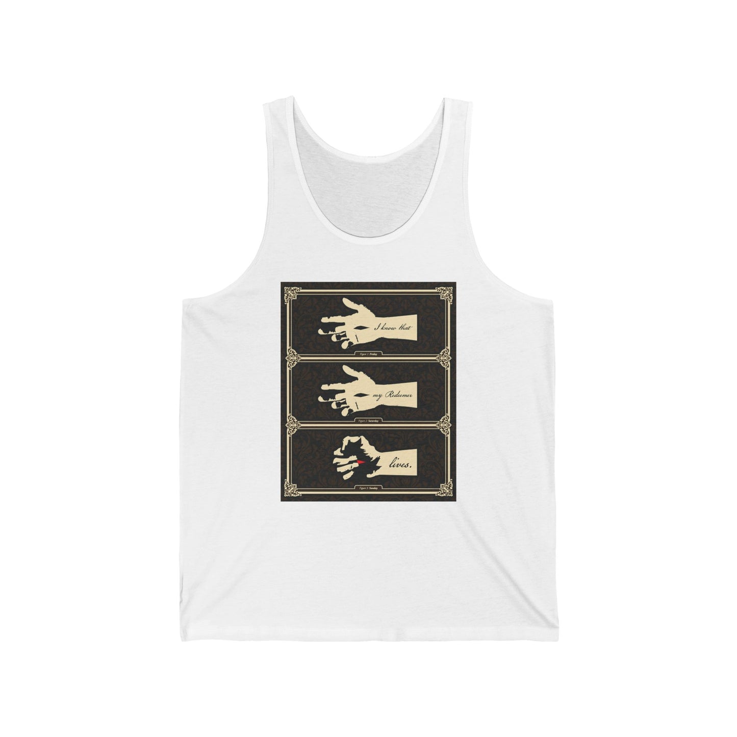 White “I Know That My Redeemer Lives (Job 19:25)” tank top features the hand of the Crucified Christ in an earthtone Americana style—Orthodox Christian design inspired by resurrection and faith.