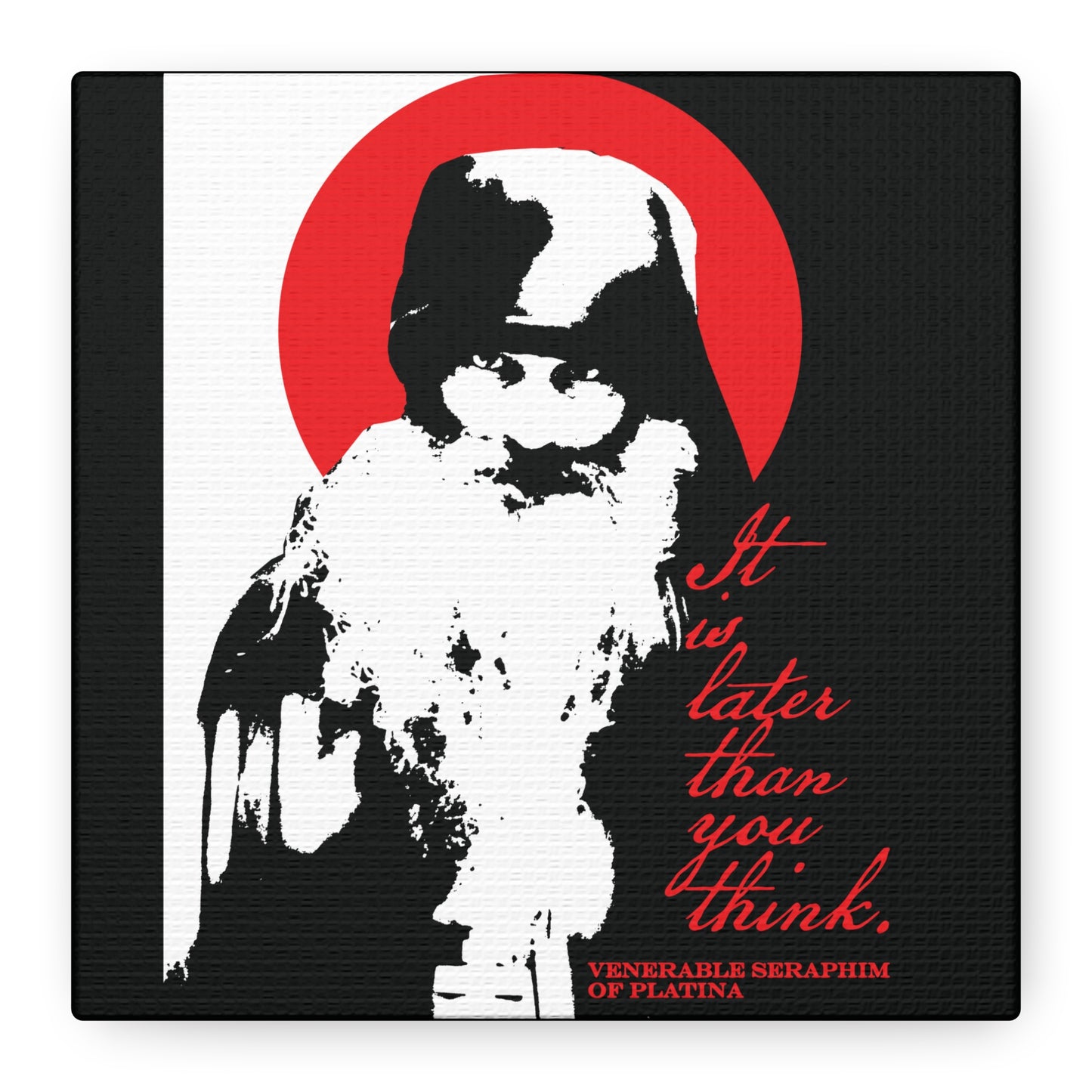 Remembrance of Death canvas wall art features a high-contrast black-and-white image of Fr Seraphim Rose, set in a red circle, with the memento mori quote: “It is later than you think.” Modern Orthodox Christian décor.