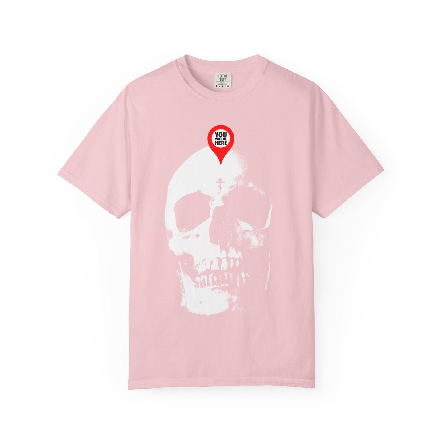 Blossom tee featuring a bold white skull with a red map marker on the forehead, inspired by Orthodox "Memento Mori" and St. Ignatius Brianchaninov. "What You Are I Once Was" design on heavyweight cotton unisex shirt.