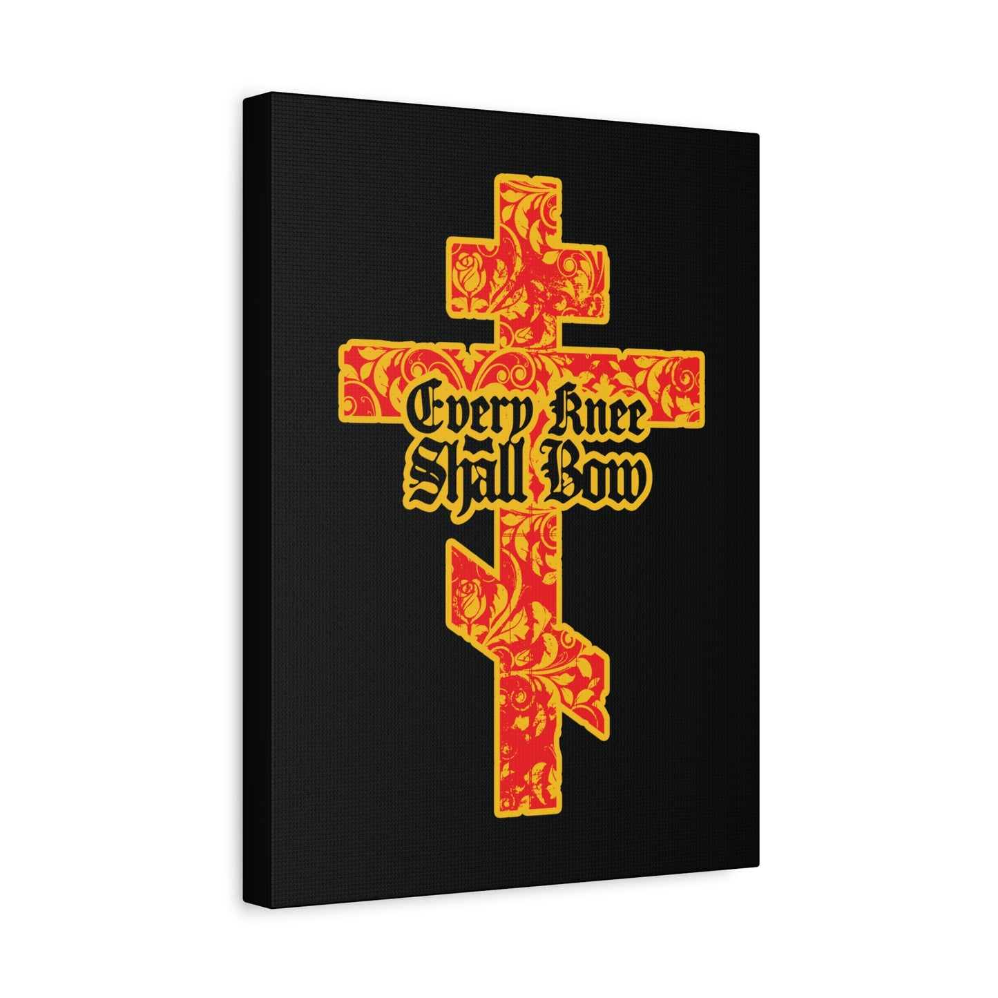 The "Every Knee Shall Bow" Christian wall art features a gold and red floral textured Orthodox cross with gothic lettering, inspired by Isaiah 45:22-24 and Philippians 2:7-11.