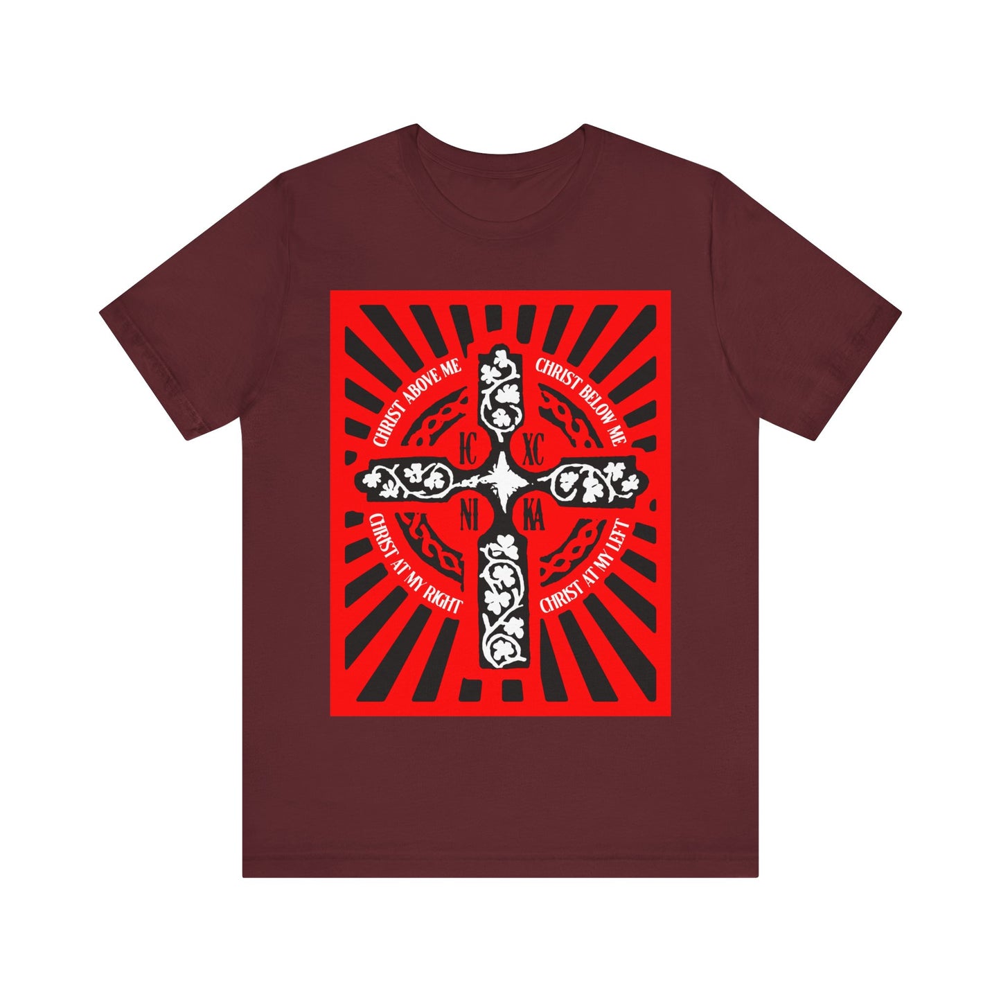 Red ICXC NIKA Enniskillen Celtic Cross | Lorica of St. Patrick | Shield Prayer | Orthodox Christian Cotton T-Shirt