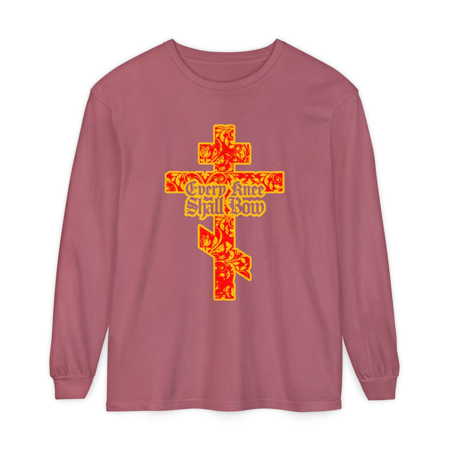 The Every Knee Shall Bow long sleeve features a gold and red floral Orthodox cross with gothic lettering, referencing Isaiah 45:22-24 and Phil 2:7-11, celebrating Christ's righteousness.