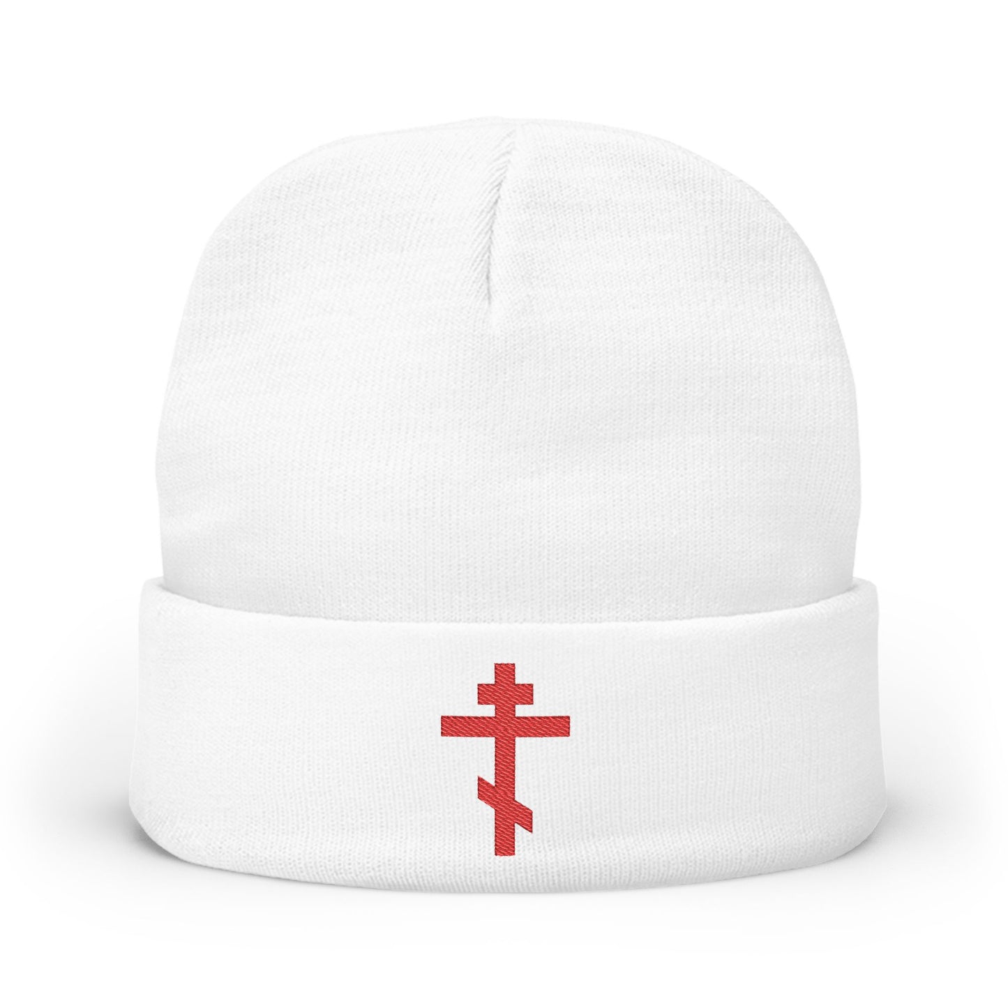 Simple Red Orthodox TriBar Cross | Nail My Passions to the Wood of Thy Precious Cross O Lord | Orthodox Christian Embroidered Knit Beanie